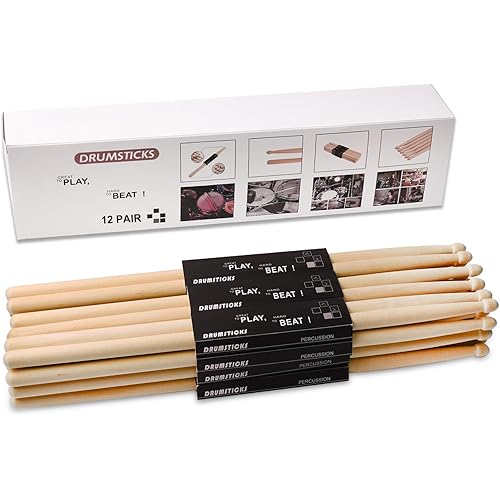 AQJUNONG Drum Sticks，5A Drumsticks, 12 Pairs Classic Maple Wood Tip Drum Sticks for Kids and Adults, Professional Musical Instrument Percussion Accessories