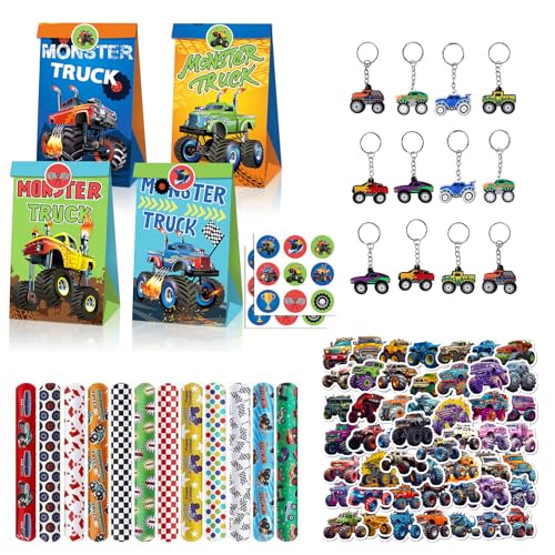 TIVUNORON 86PCS Monster Truck Fiesta De CumpleañOs De Los NiñOs Favores, Monster Truck Fiesta De Favores Con Slap Pulsera Pegatinas Llavero Bolsas De Regalo, Para Fiesta De Coches De Carreras