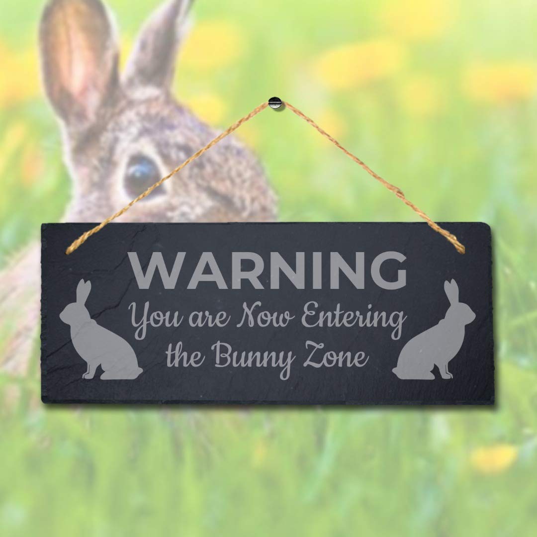 Stukk Warning You are Entering Bunny Zone Hanging Rabbit Sign, Natural Engraved Slate Stone Plaque, 30x12cm