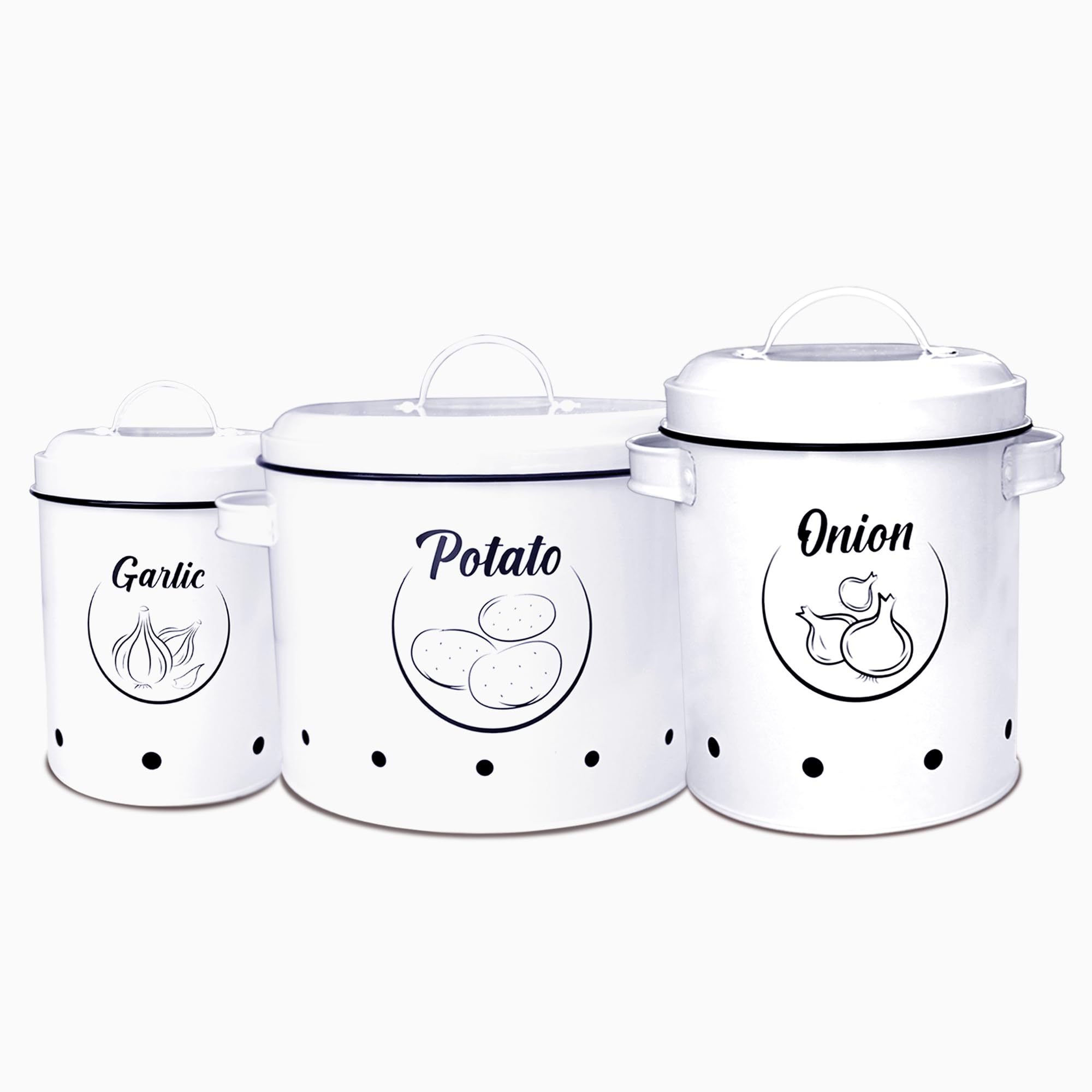 Photo 1 of Potato storage | Onion & Potato Storage Container | Garlic, potato Keeper For Counter | Potato & Onion Storage Bin | potato onion garlic storage | 3 Metal Sets with Lid for Kitchen |White