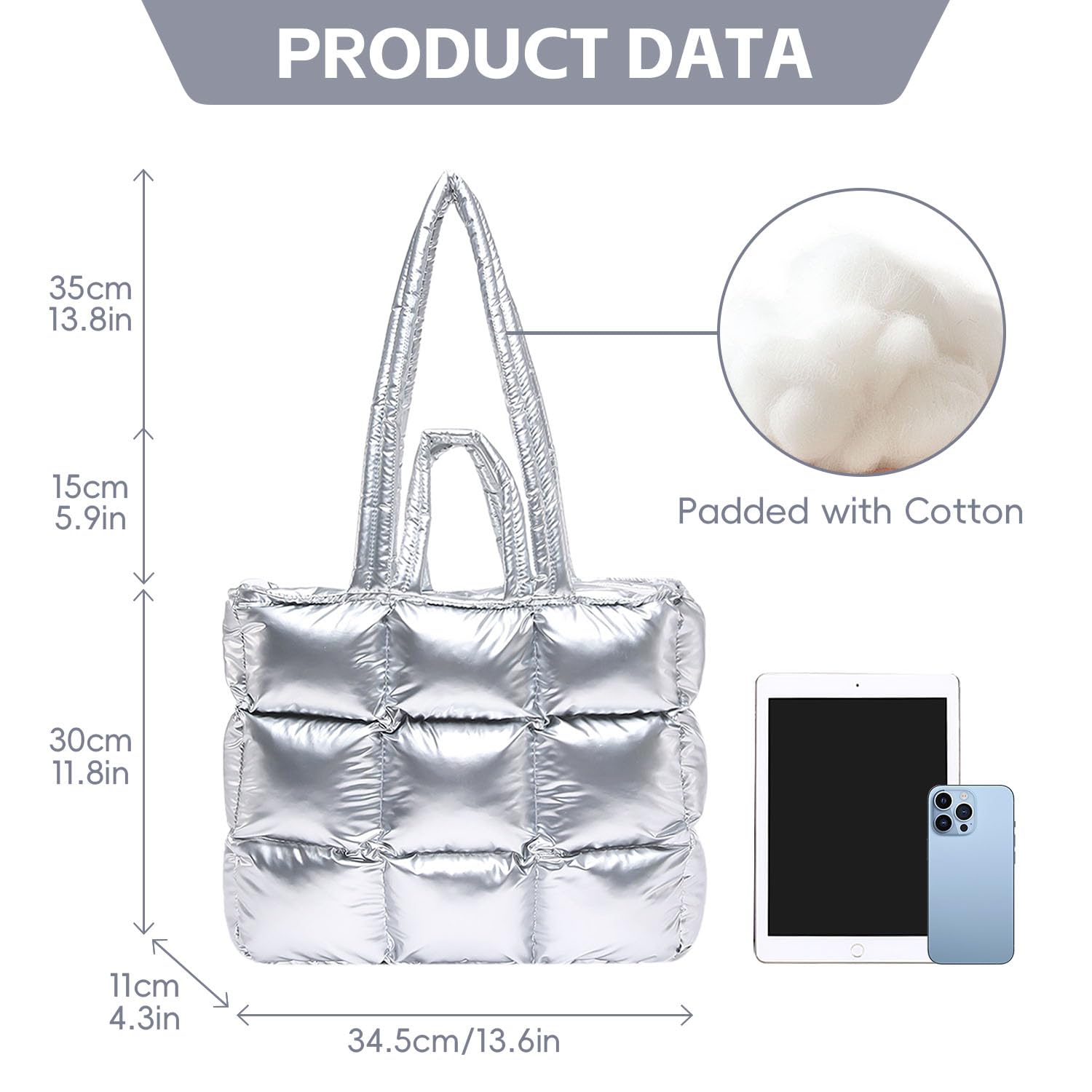 Bagtopia Puffer Tote Bag for Women, Large Quilted Puffy Handbag, Stylish Quilted Shoulder Bag, Lightweight Fluffy Satchel Purse for Work Travel Gym Shopping Daily Use, Dark Grey