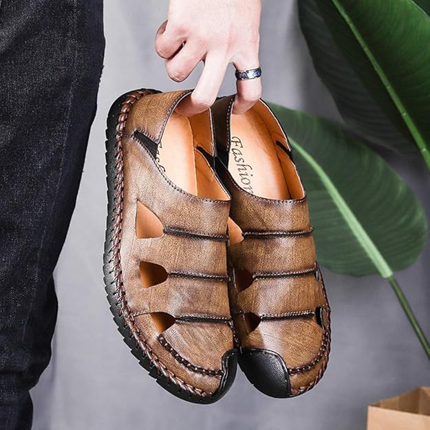 Asifn Men Summer Breathable Sandals Leather Lightweight Casual Walking Slip On Driving Shoes Fashion Slipper Comfortable for Work Office Outdoor2