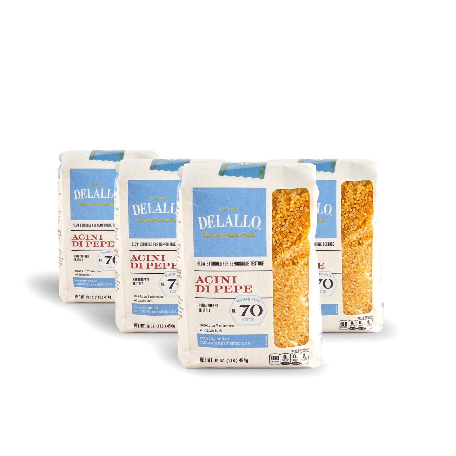 DeLallo Acini di Pepe Pasta, Pastina Pasta Made in Italy, Made with Only 100% Durum Wheat Semolina Flour, Non-Enriched, All Natural, Bronze Cut, Kosher, Non-GMO, 1 Pound Bag, (4 Pack)