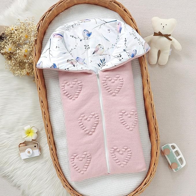 Image of Baby Winter Thick Swaddle Blankets Newborn Heart Dots Receiving Blanket Infant Soft Knit Warm Stroller Wraps for Baby Boys Girls (Pink)
