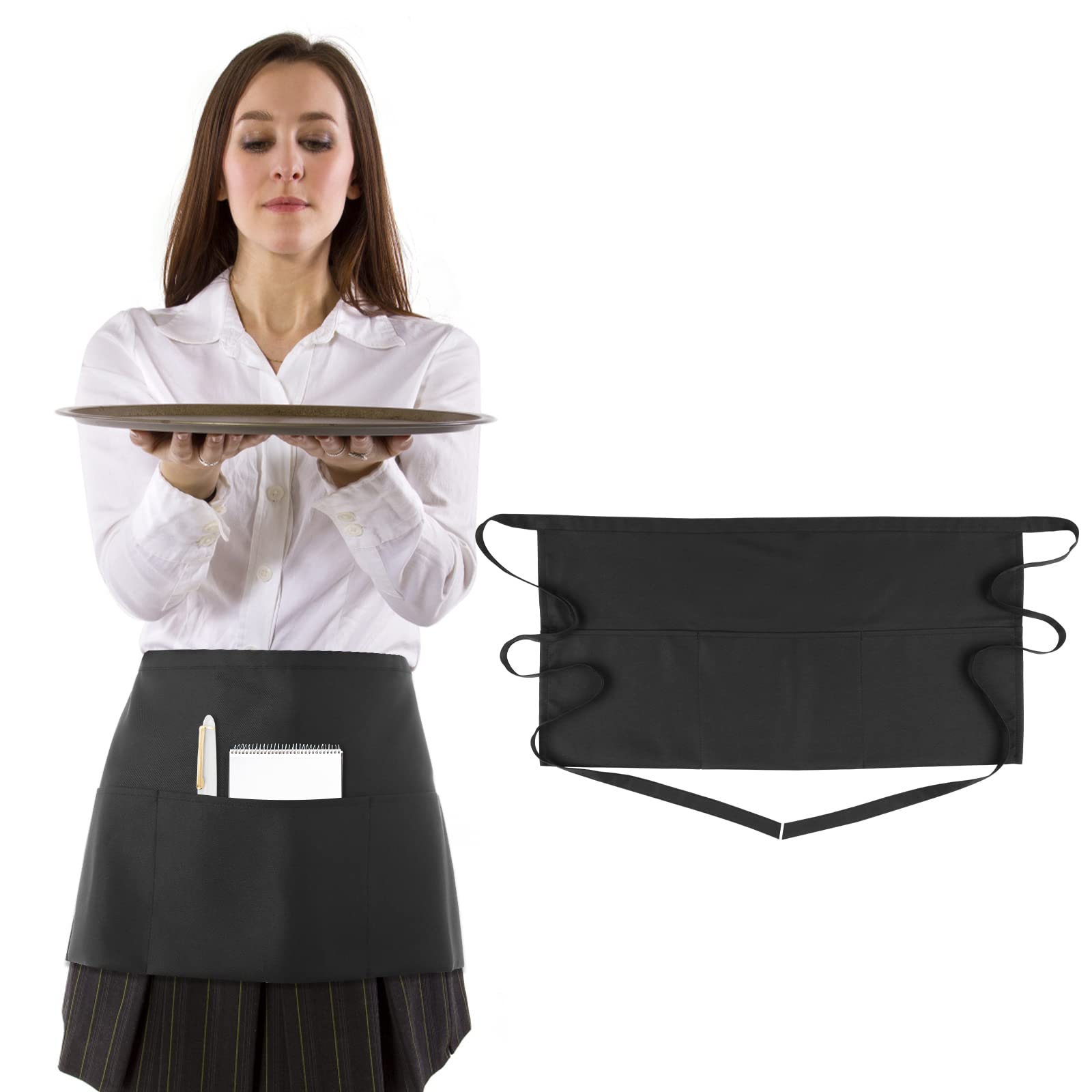 Waitress Apron with 3 Pockets Waist Apron Waiter Waitress Apron for Women Men Water Oil Stain Resistant Black Server Aprons Kitchen Aprons with Pockets