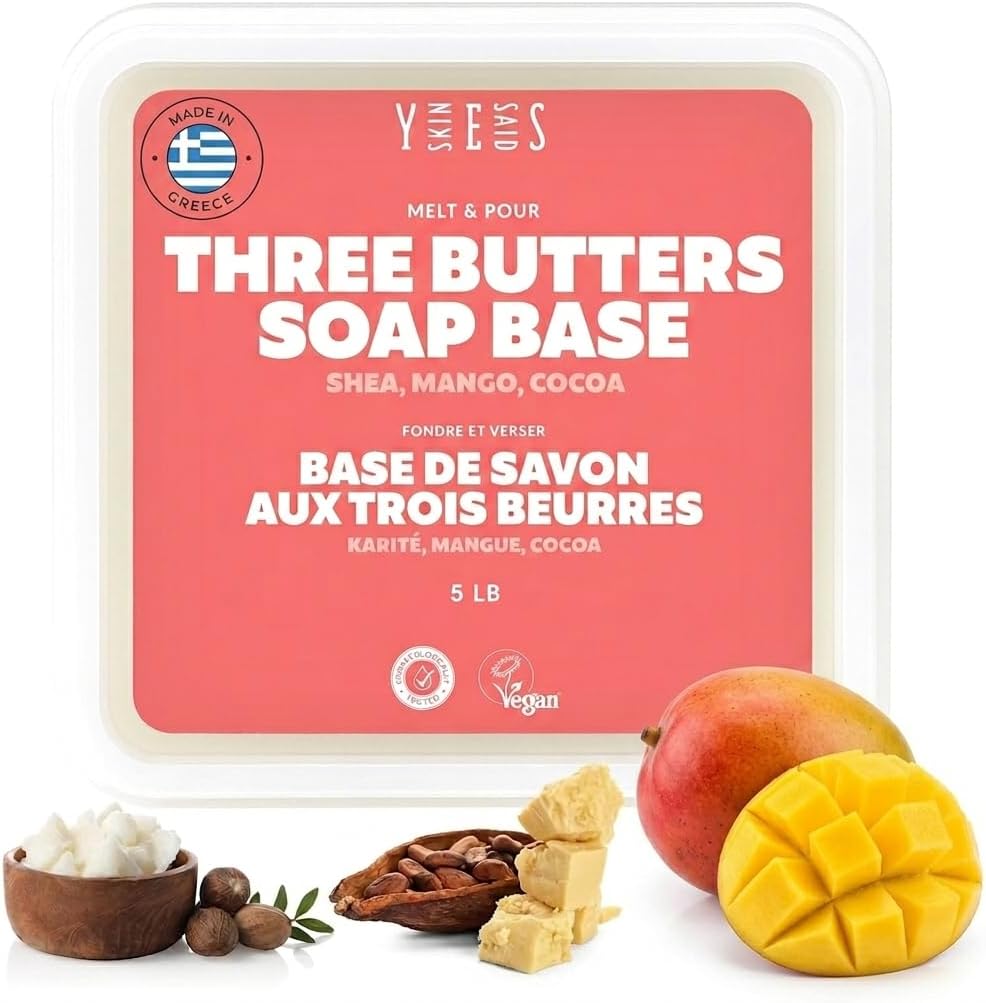 Skin Said Yes Three Butters Soap Base 5 LB | Made in Greece | Palm Oil-Free, Shea Butter, Mango Butter & Cocoa Butter | Melt and Pour Soap Making Supplies - SLES Free, Organic Ingredients
