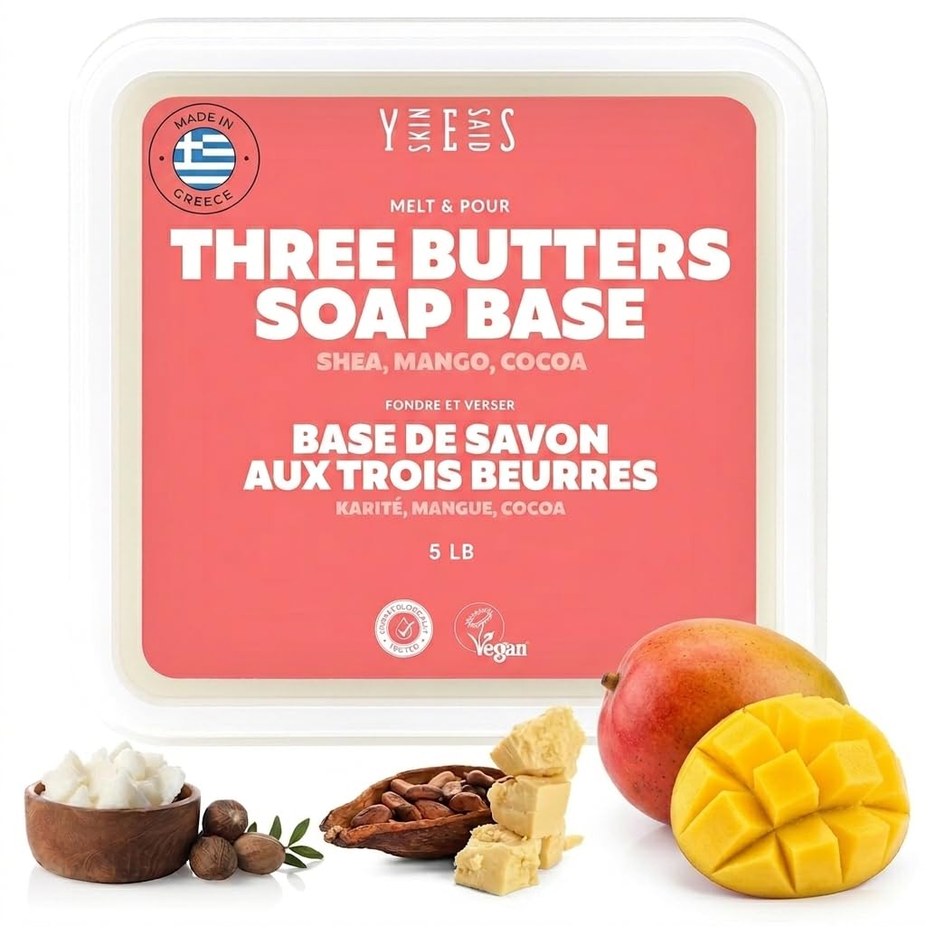 Skin Said Yes 5Lb Three Butters Soap Base | Made in Greece | Shea Butter, Mango Butter & Cocoa Butter | Melt and Pour Soap Making Supplies - SLS/SLES Free, No Palm Oil, Organic