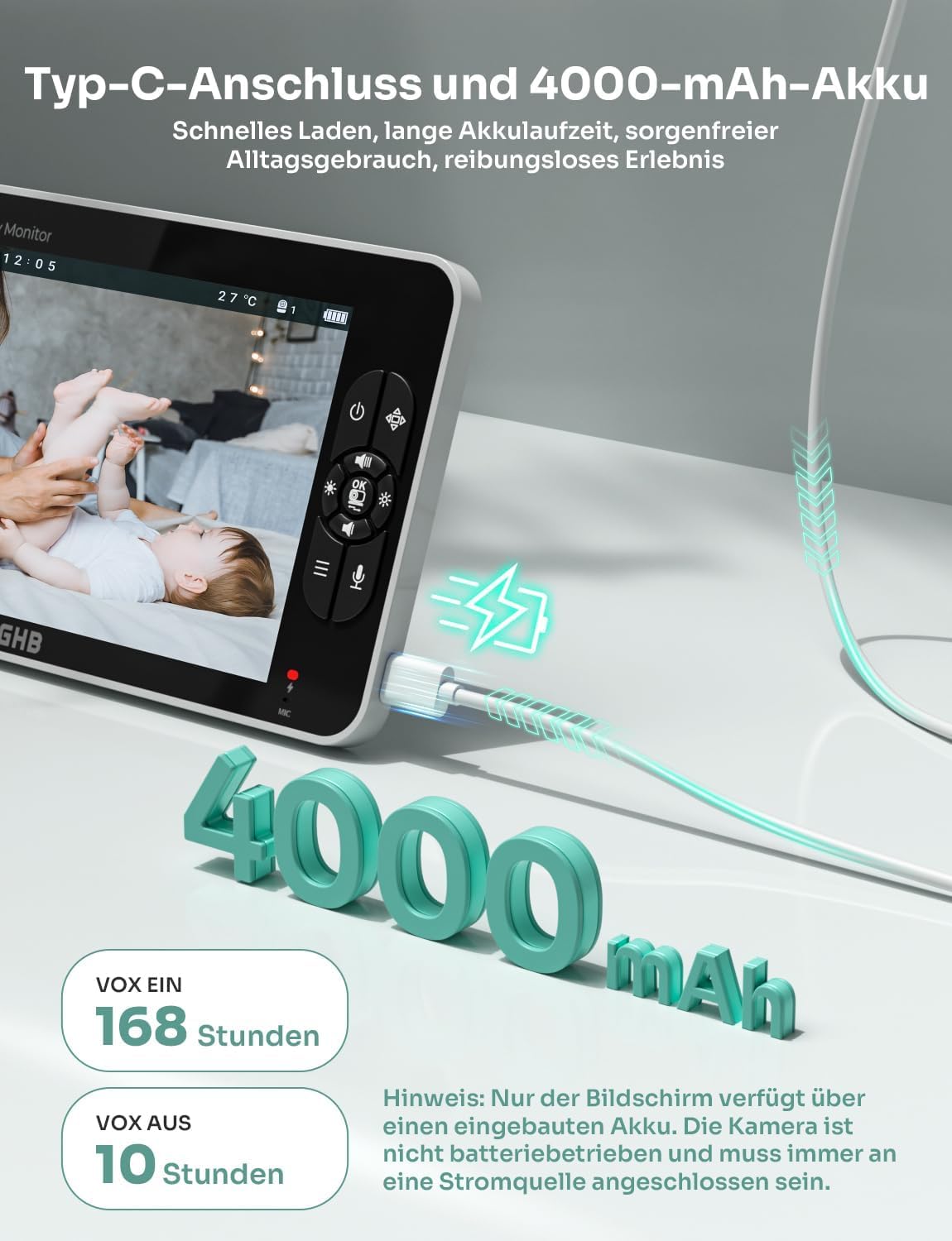 GHB Babyphone mit Kamera 7 Zoll 1080P IPS Display 168 Stunden Akkulaufzeit im VOX Modus 4X Zoom Max. 4 Kameras unterstützt Gegensprechen