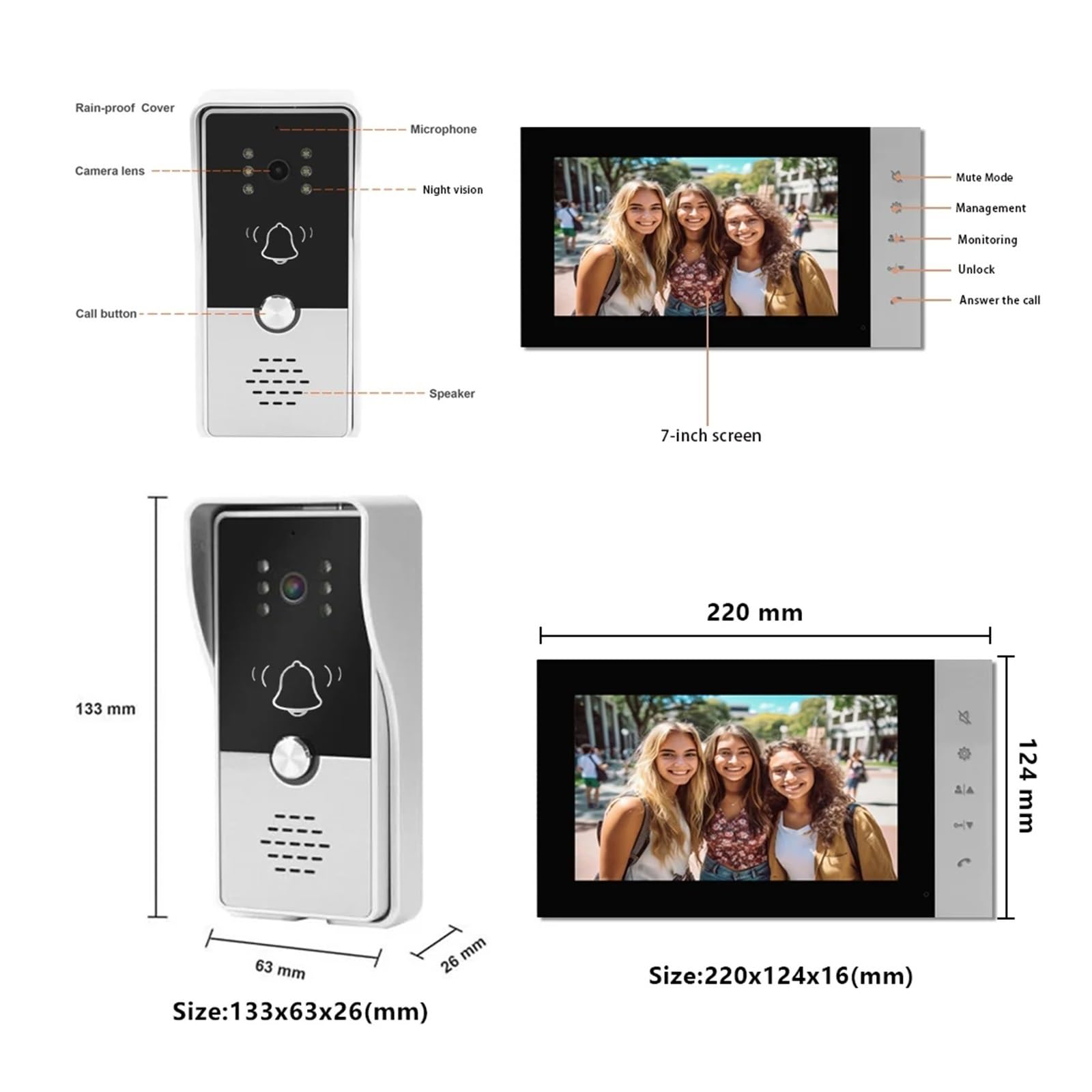 Timbre con vídeo Inteligente Videoportero cableado, 2 monitores, Puerta analógica de última neración, Puerta económica, teléfono para hogares Inteligentes, oficinas y hogares