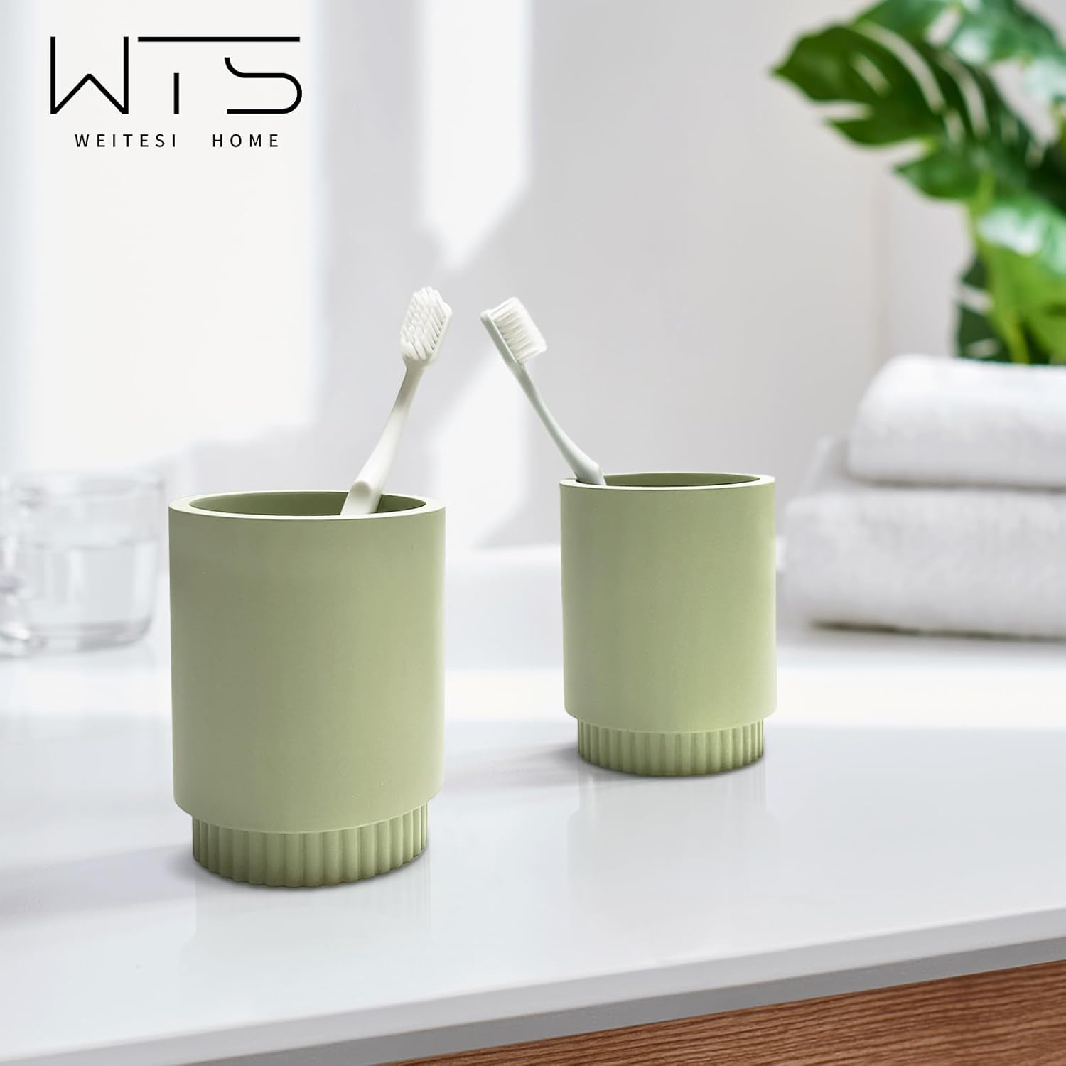 Resin Bathroom Accessories Set, 4 Pcs Modern Bathroom Accessory Set with Liquid Plastic Pump Lotion Soap Dispenser,2 Toothbrush Cup, Soap Dish Countertop Vanity Organizer(Sage Green) - Image 3