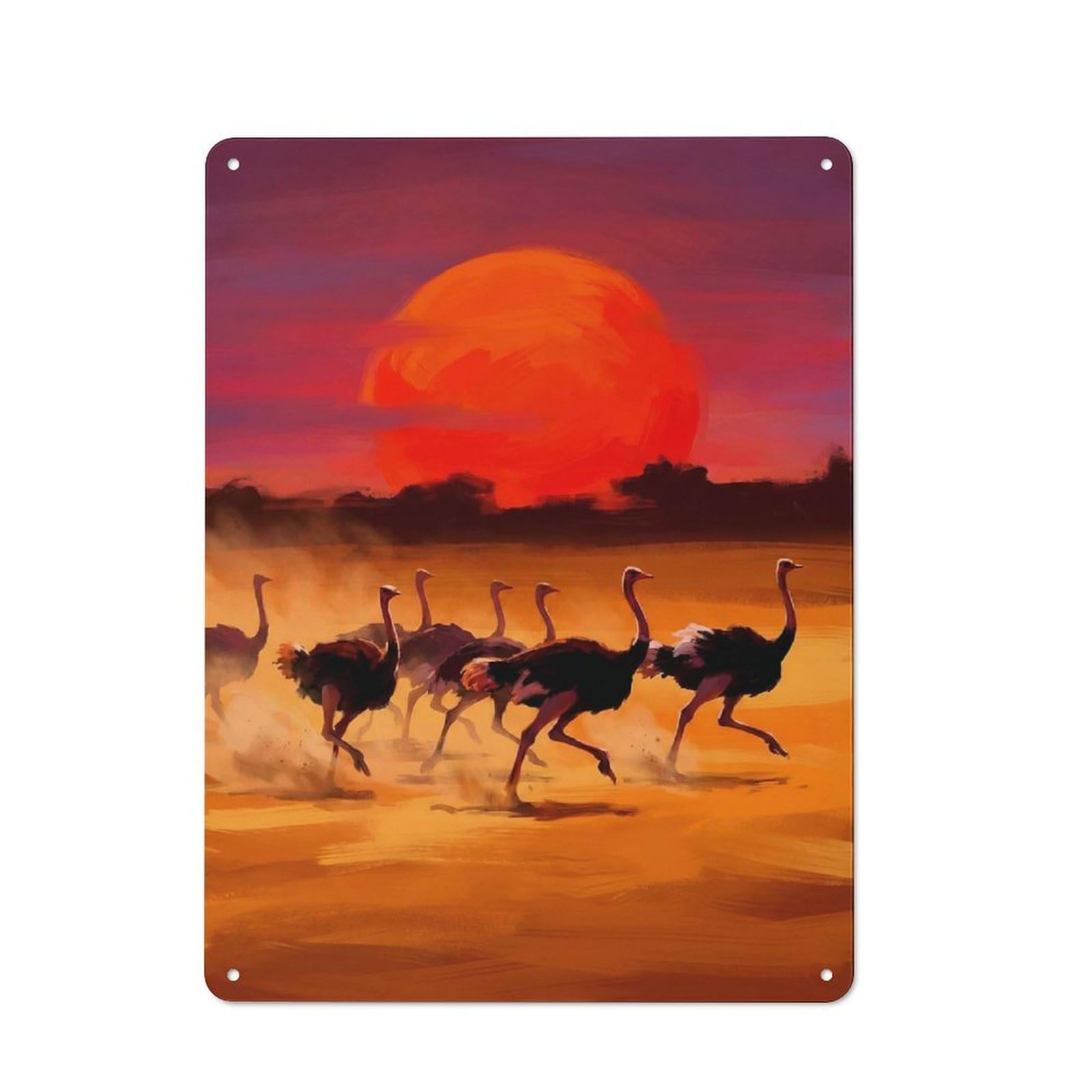 Junmoney Style-22 Ostriches Running At Sunset Retro Metal Sign 40X30cm, Distressed Look Retro Room Decor For Living Room, Hallway, Kitchen Or Cafe