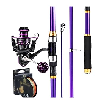 カスタムスピニングロッド　テレスコロッド　ハンドメイドロッド　紫　リールセット Amazon | 釣り竿 パープル 釣り竿コンボ 伸縮式釣り竿と