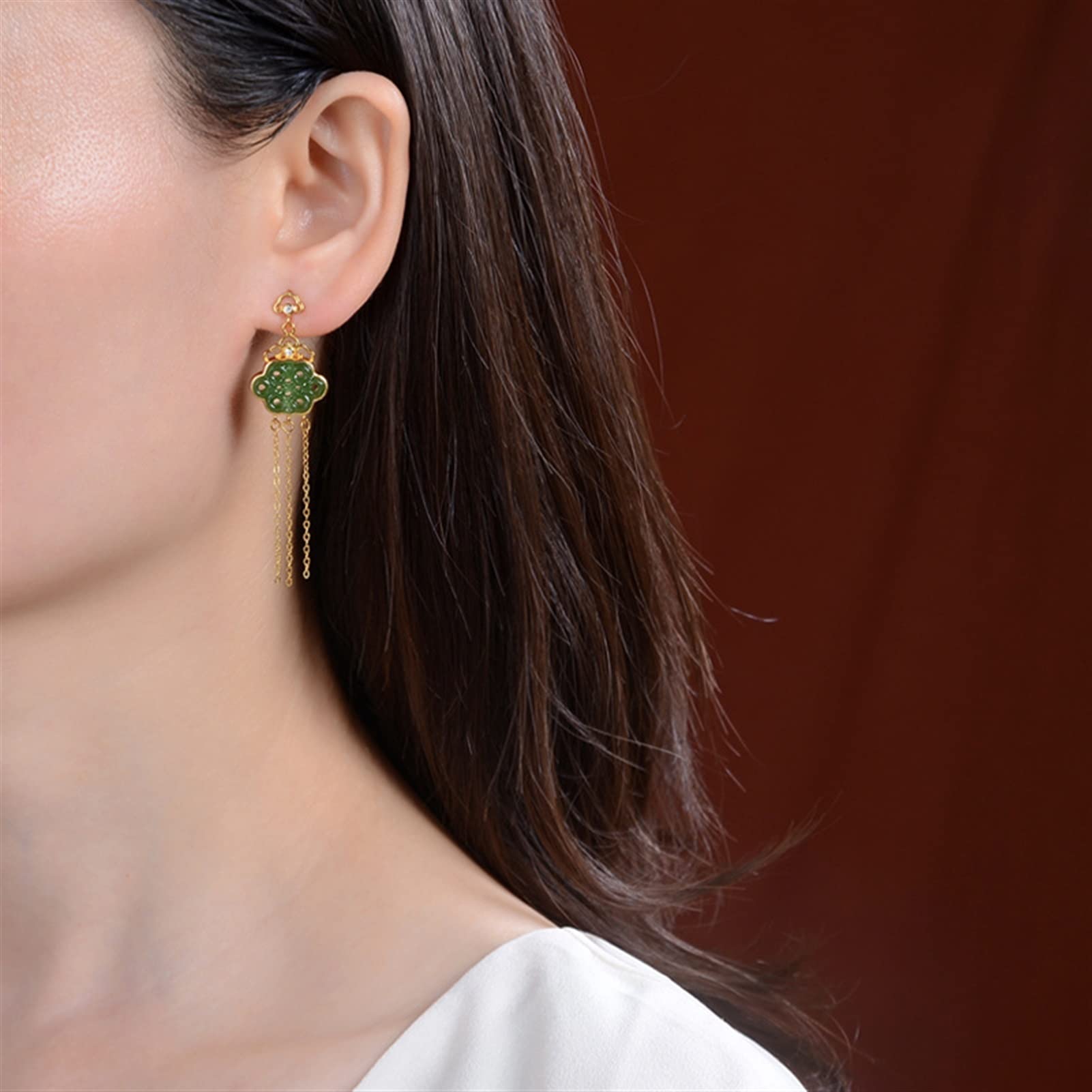 Pendientes de plata S925 chapados en oro con jade hetiano, pendientes con borlas para mujer, joyería para novia