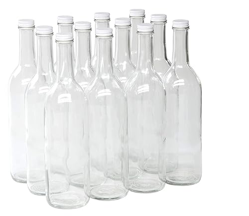 North Mountain Supply Botella de vino Burdeos de vidrio transparente de 25.4 fl oz, acabado de rosca de fondo plano con tapas de metal negro, caja