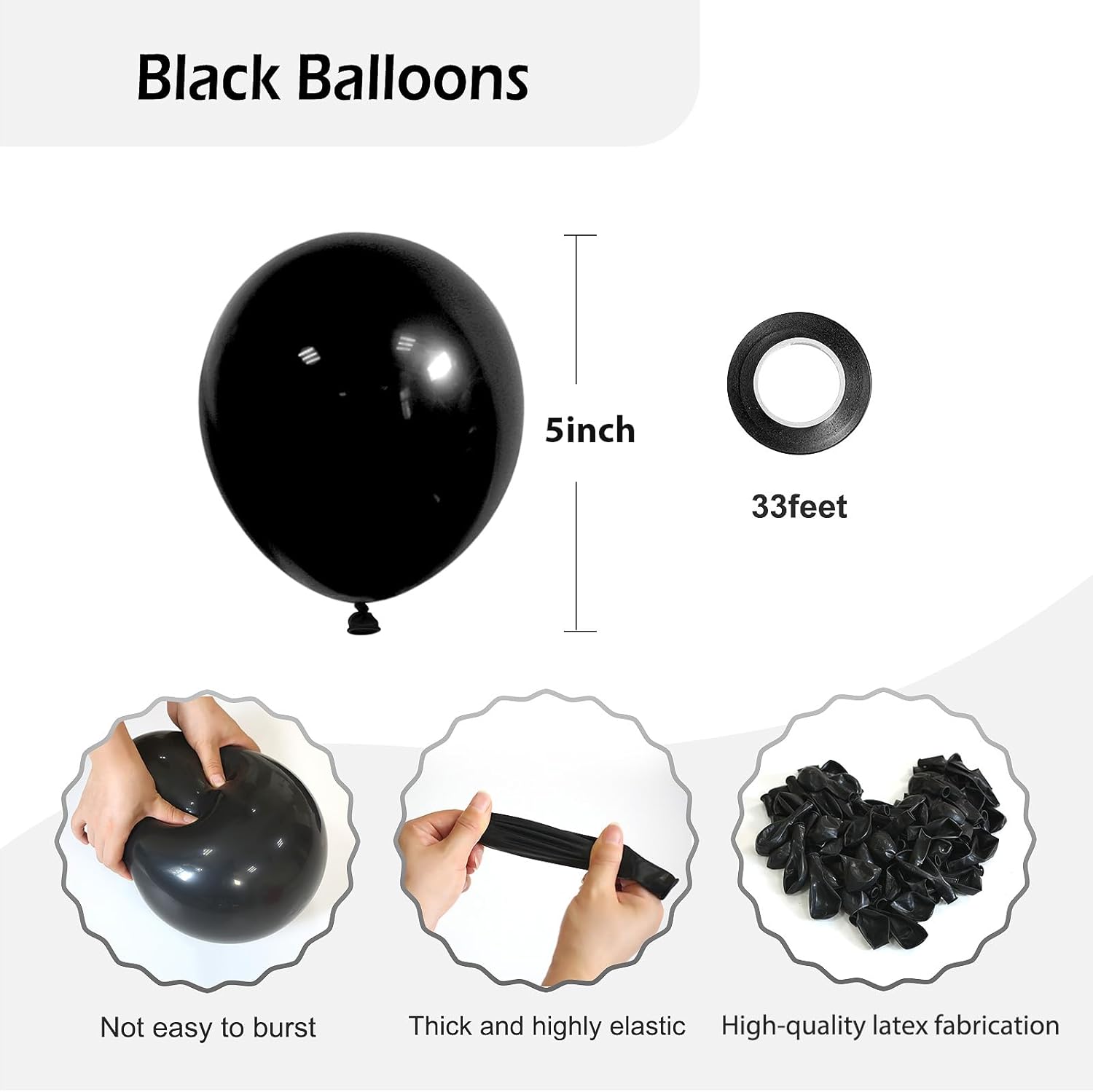 FOTIOMRG 120pcs 5 inch Black Balloons, Small Latex Party Balloons Helium Quality for Birthday, Graduation, Baby Shower, Father's Day, Halloween Party Decorations (with Black Ribbon) - Image 2