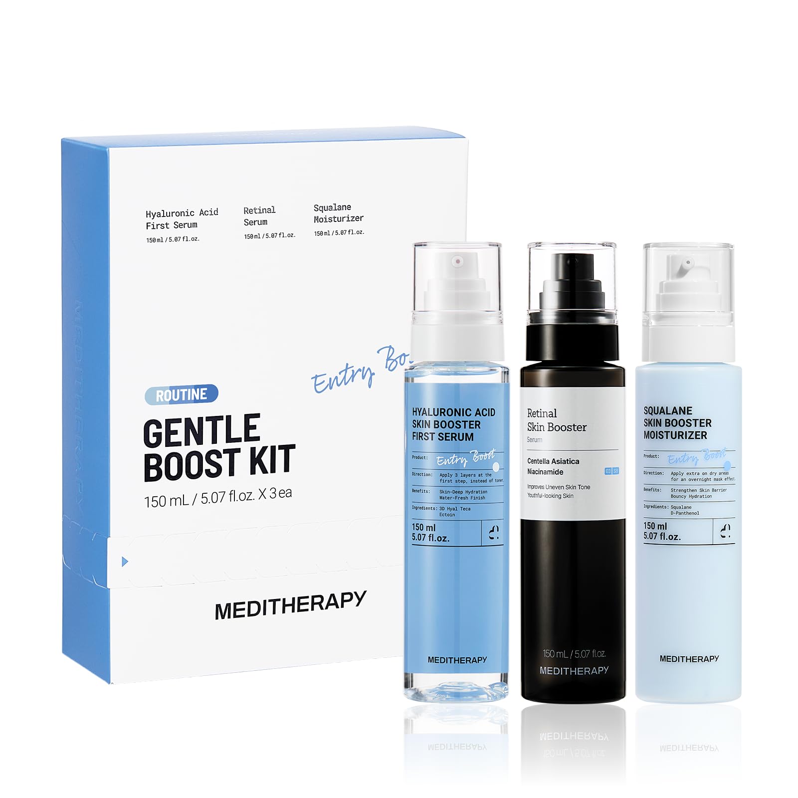 MEDITHERAPY Gentle Boost Kit – Korean Skin Care Set with Retinal & Hyaluronic Acid Serum & Squalane Moisturizer, Anti-Aging, Beginner-Friendly, Travel & Gift (FULL (5.07 fl.oz*3ea))