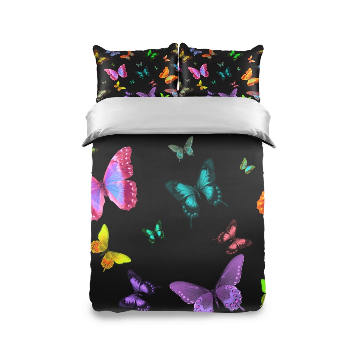 MONTOJ - Set di 3 federe con motivo a farfalle colorate, facili da montare, con 2 federe per adolescenti e decorazioni per camera da letto