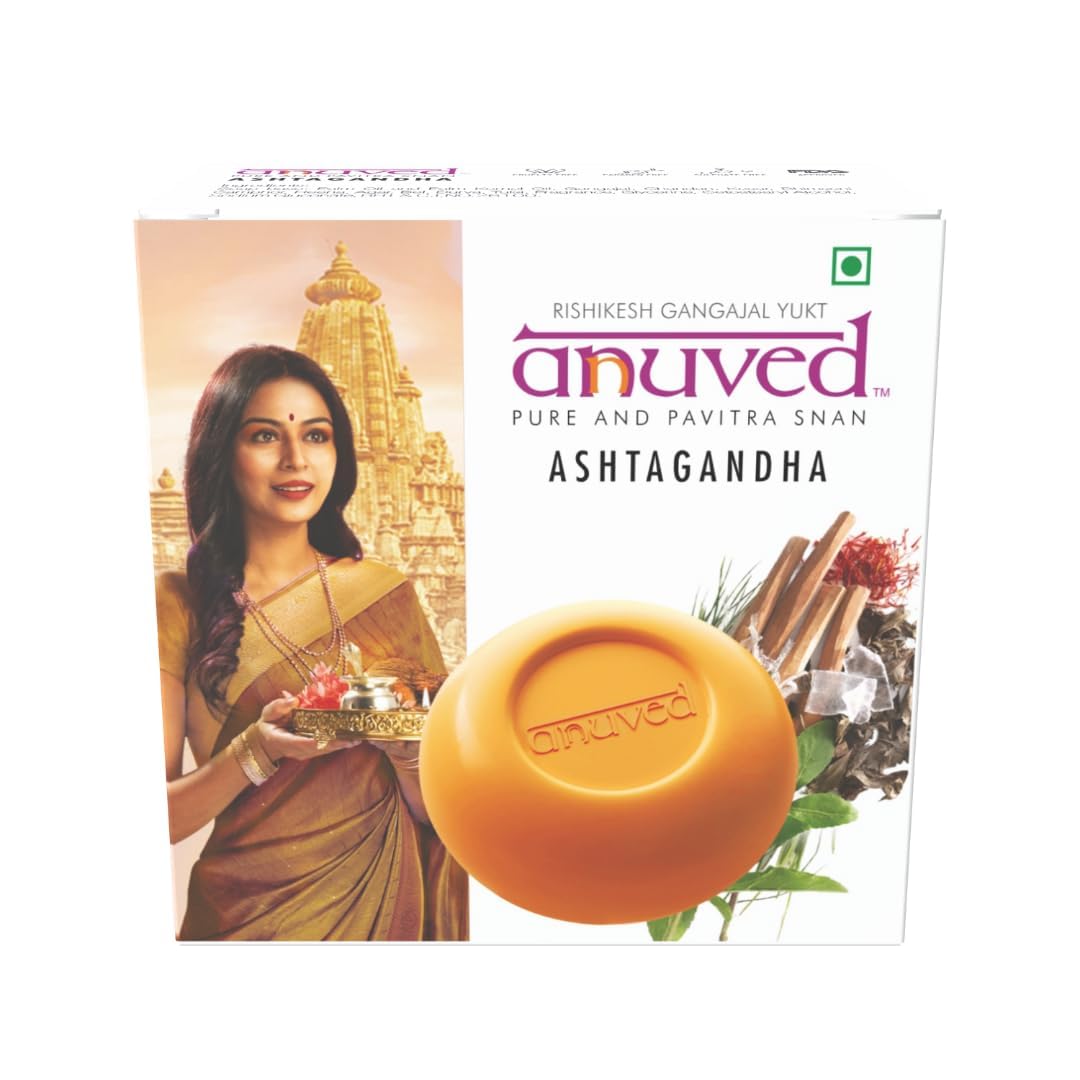 Anuved Ashtagandha Soap | Pack of 3 | 125g Each | Stress-Relief Bath Soap | Contain 8 ancient Indian herb (Tulsi, Durva, Bhimseni, Camphor, Bel, Chandan, Kesar, Heena, Agar) | With Rishikesh Gangajal