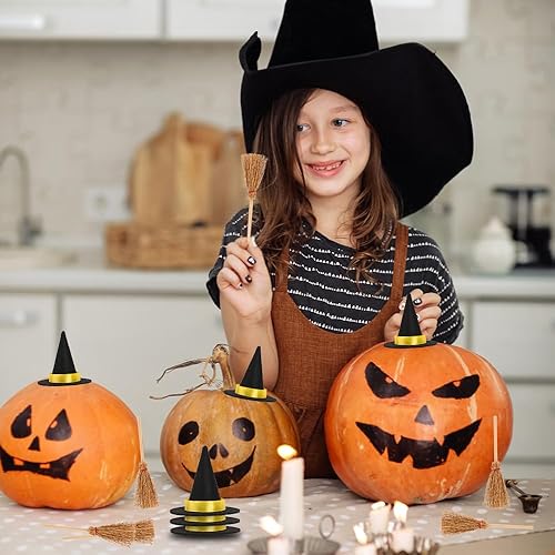 Miniatura 4 de Mini sombreros de bruja y mini escoba, sombreros de bruja pequeños para manualidades, 20 piezas de decoración de fiesta de Halloween, accesorio de