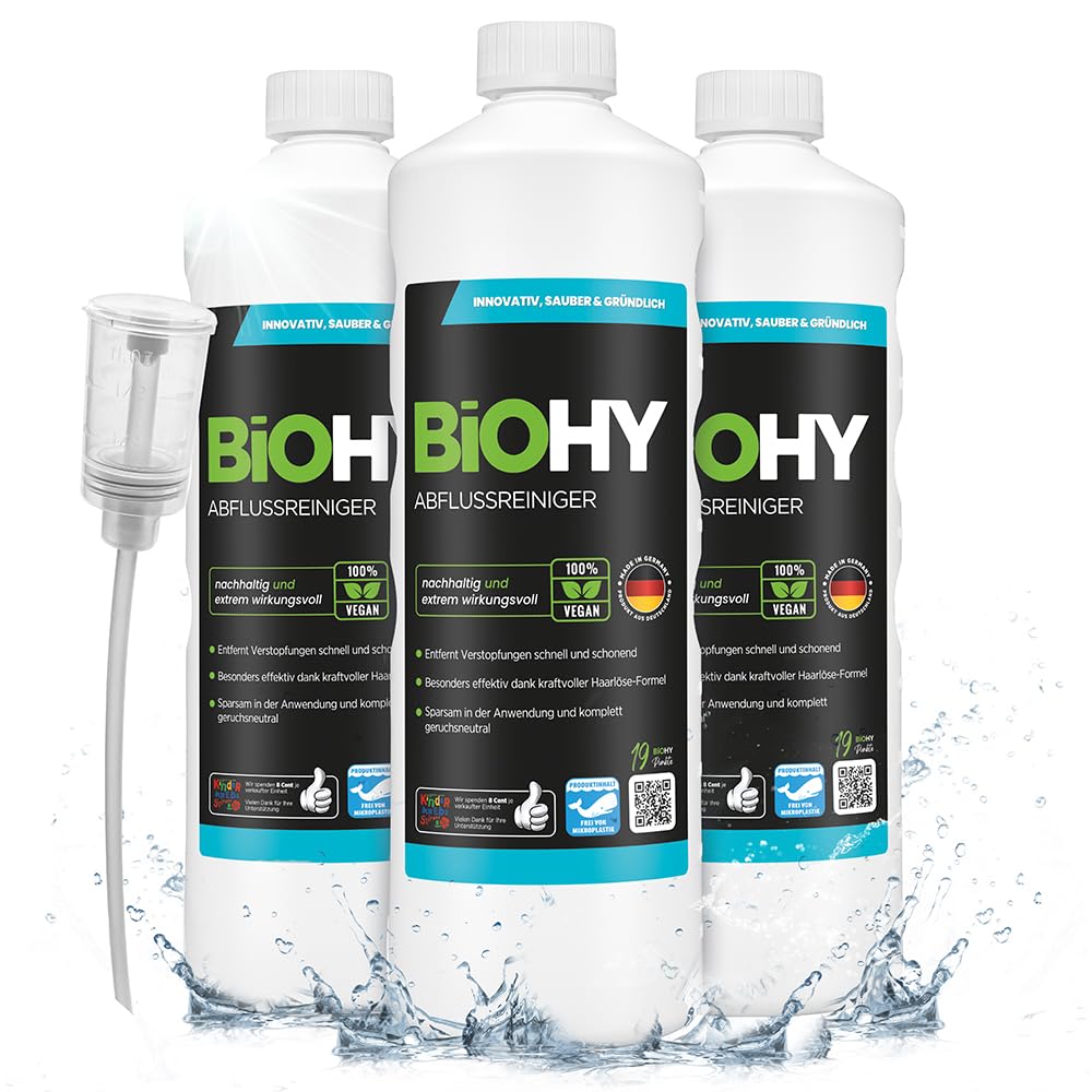 BiOHY Limpiador de desagües (3 botellas de 1 litro) + Dosificador | elimina el vello sin esfuerzo | Concentrado orgánico para cocina y baño | extrafuerte | contra los olores (abflussreiniger)