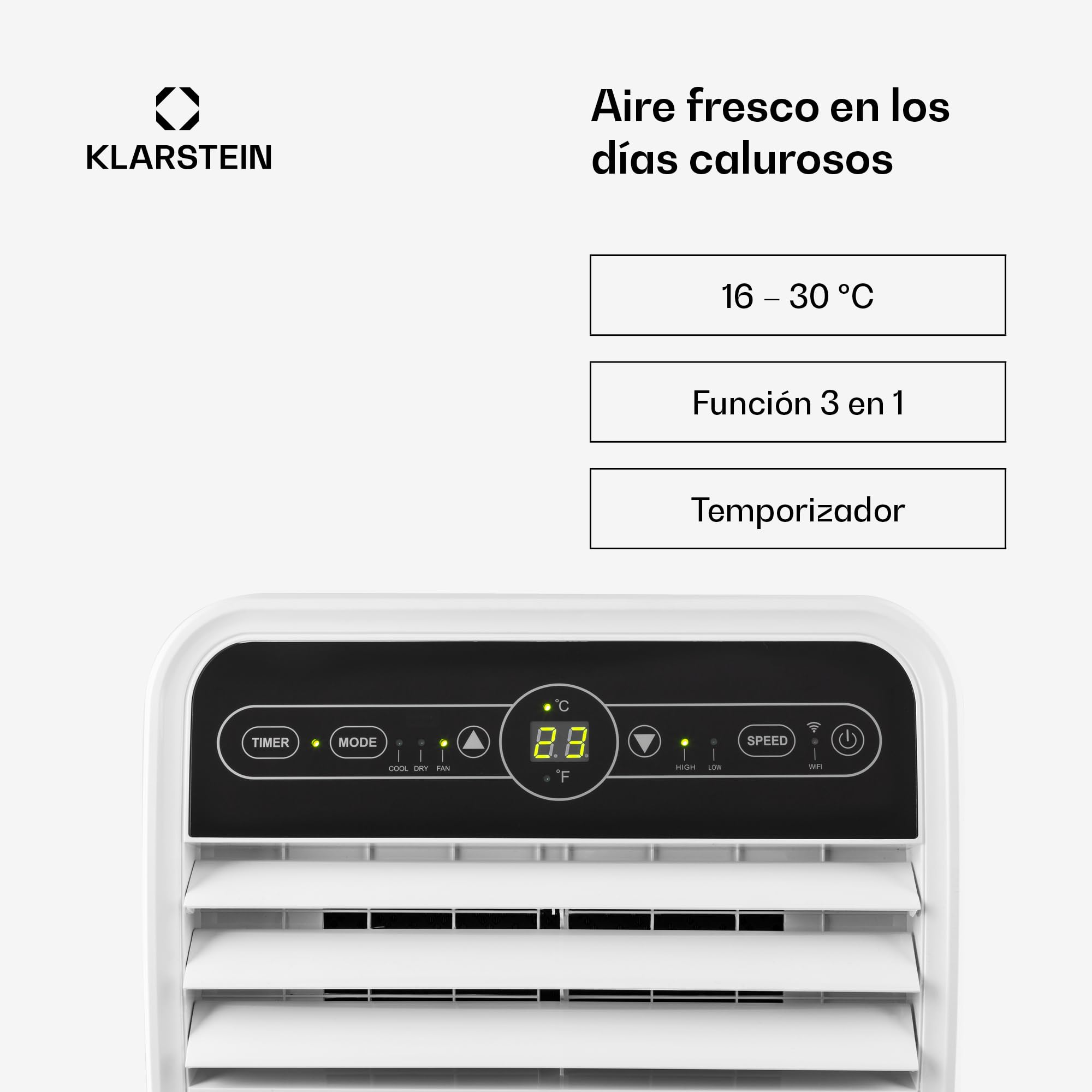 Klarstein Aire Acondicionado Portatil y Silencioso, 4 en 1 Enfriador de Aire para Casa, Modo Noche, Deshumidificador y Ventilador, Casas de Bajo Consumo, Mando a Distancia, 9,000 BTU