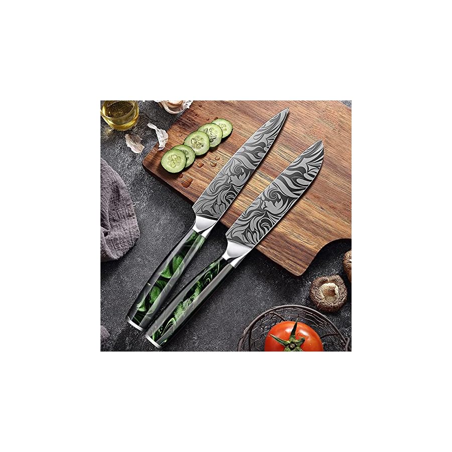 SENKEN Engraved Japanese Kitchen Knife Set with Beautiful Green Resin Wood Handles - Wasabi Collection - Chef's Knife, Bread Knife, Cleaver Knife, Paring Knife, & More (8-Piece Chef Knife Collection)