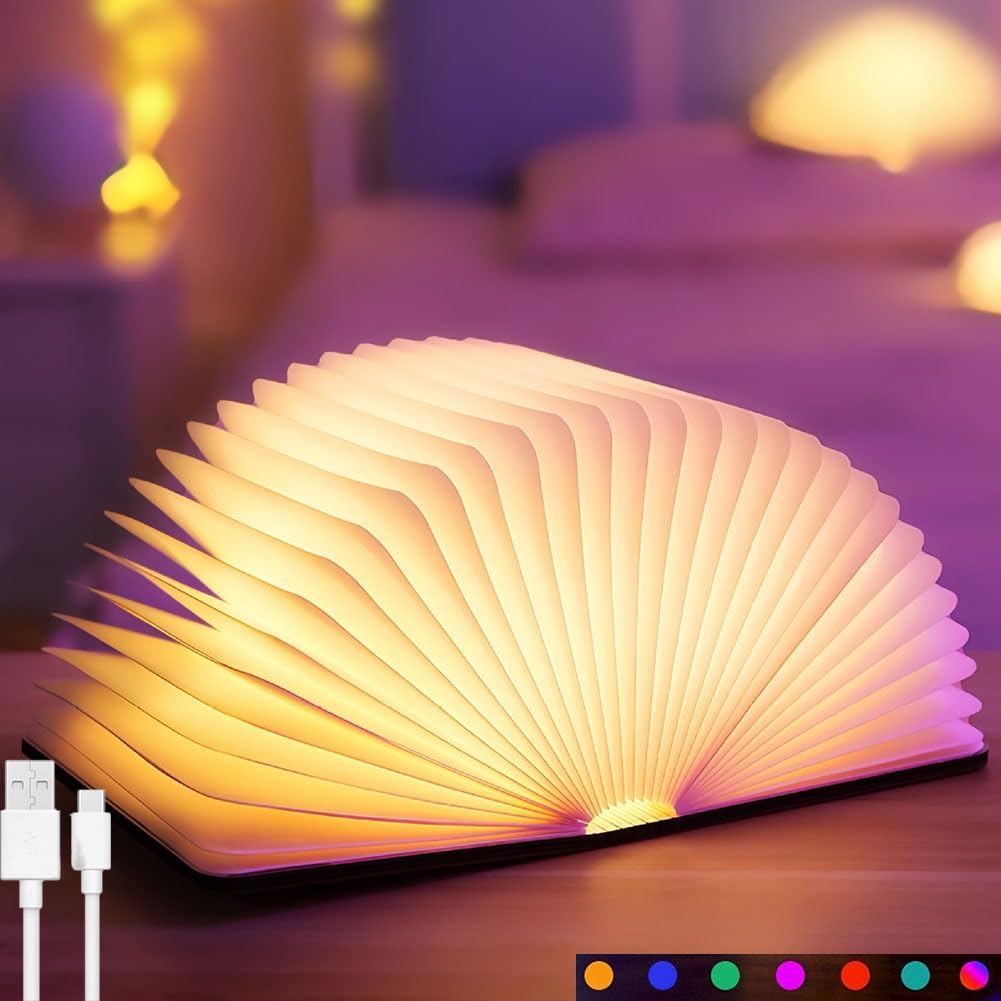 Lámpara de Libros LED Luz de Libros Plegable Luminaria de Mesilla de Noche de Madera Recargable por USB 7 Modos de Color Iluminación de Ambiente Luz de Noche Decoración del Hogar Luces de Libros