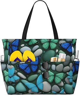Blue Butterfly Green Butterfly And Stone Print Beach Travel Bag,Travel Tote With Anti-Sand Feature,For Outdoor Activities - DURAGS