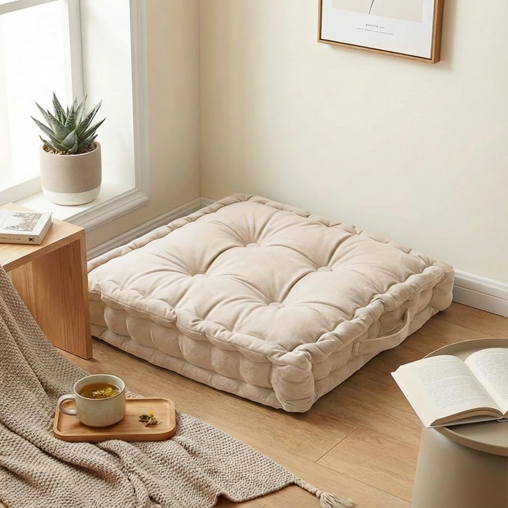 Hcosmy Floor Cushion Pouf, Square Floor Pillow Seating Chenille Meditation Cushion, Thick Tufted Pillows for Living Room Yoga Bedroom Sofa, 45 x 45CM (Beige)