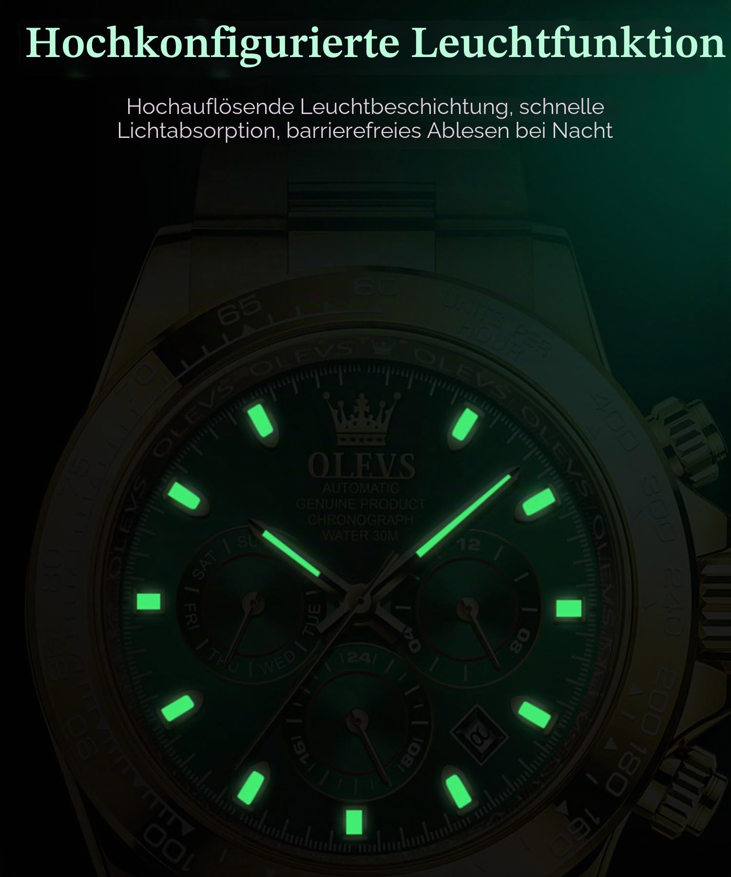 OLEVS Herren Automatikuhr Automatikuhr Timing Lünette Mechanische Uhr Wasserdicht und Leuchtend Kalender Woche Edelstahl Präzisionsband