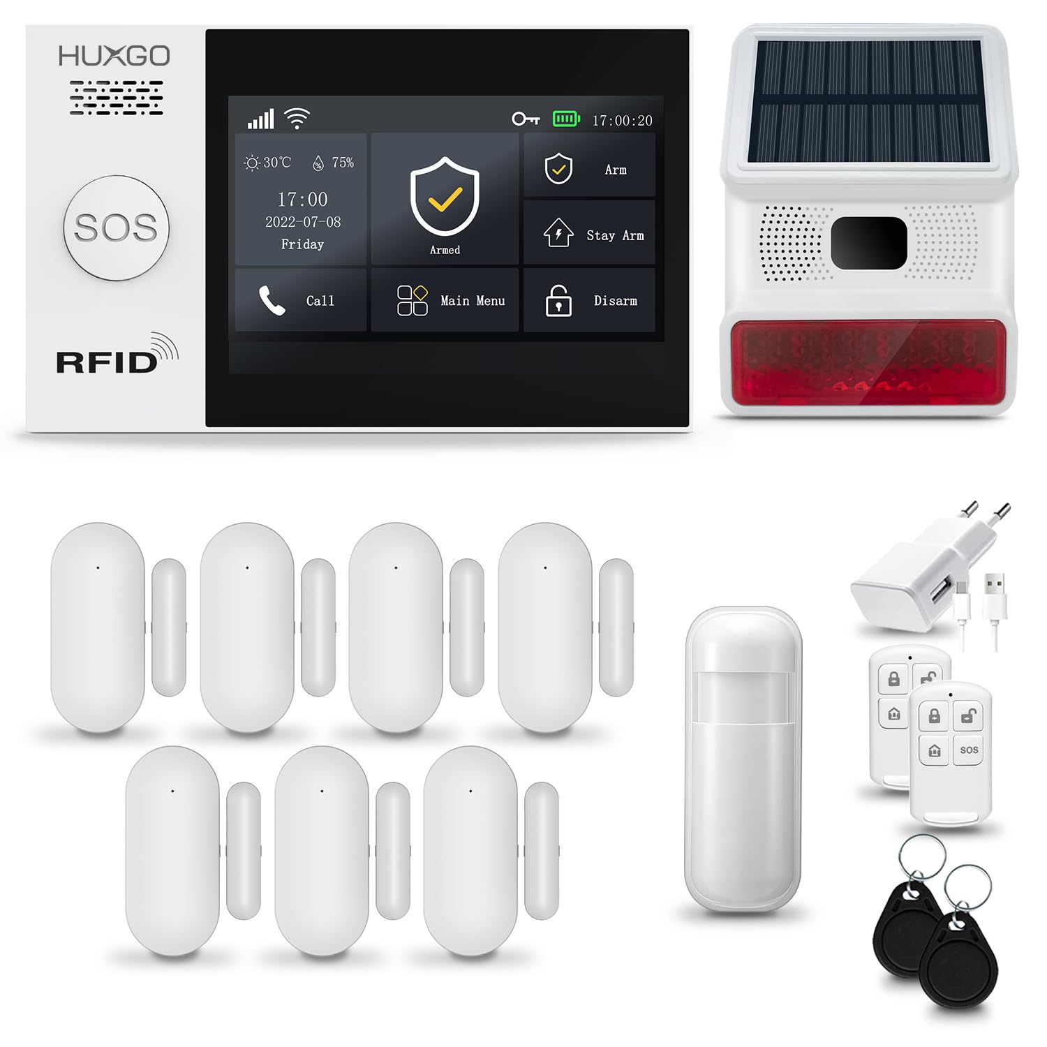 HXA007 Funk Alarmanlage Set WiFi + GSM 4G mit Solar Alarmsirene | Alarm System mit Bewegungsmelder, 7X Fensteralarm/Türsensoren | Alarmanlage fürs Haus, Wohnung, Wohnmobil | Smart Home