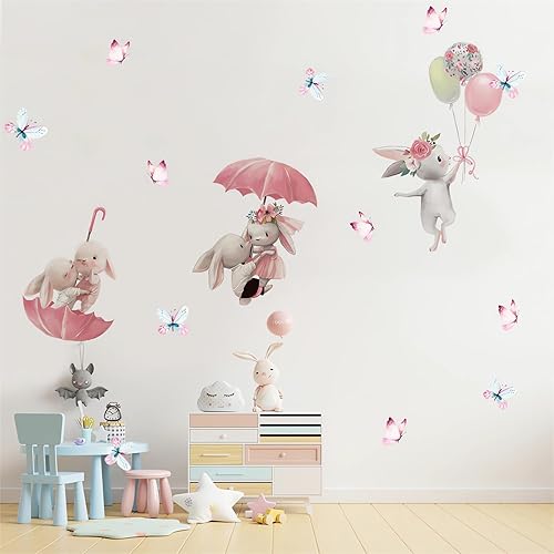 Miniatura 2 de Calcomanías de pared con diseño de conejito rosa, diseño de mariposa y conejito rosa, calcomanías de pared extraíbles de vinilo extraíble para