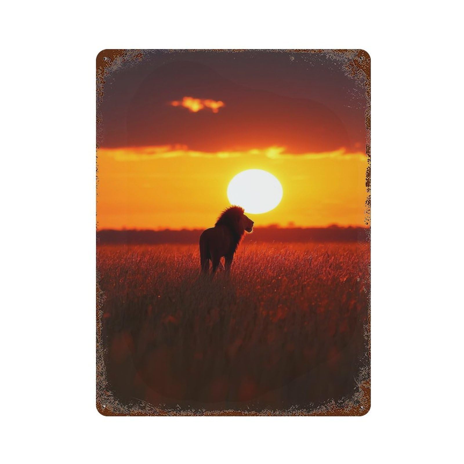 Lion Silhouette Sunset Rusty Metal Tin Sign 15.7"x11.8", Industrial Home Decor for Garage, Pub Or Kitchen