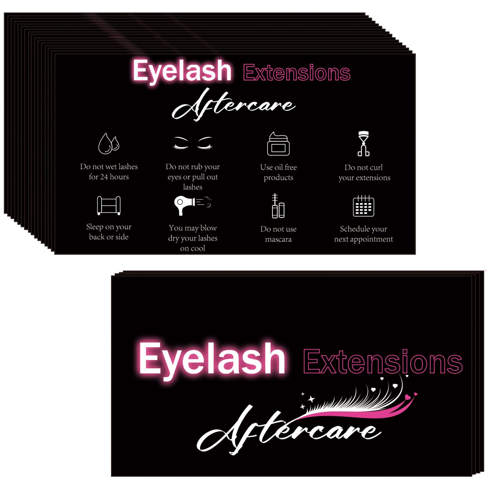 Tenceur 200 Pcs Eyelash False Extension Aftercare Instructions Cards 3.5 x 2 Inch Eyelash False Extension After Care Card Double Sided Size Lash Extension Supplies for Business Client, Pink and Black