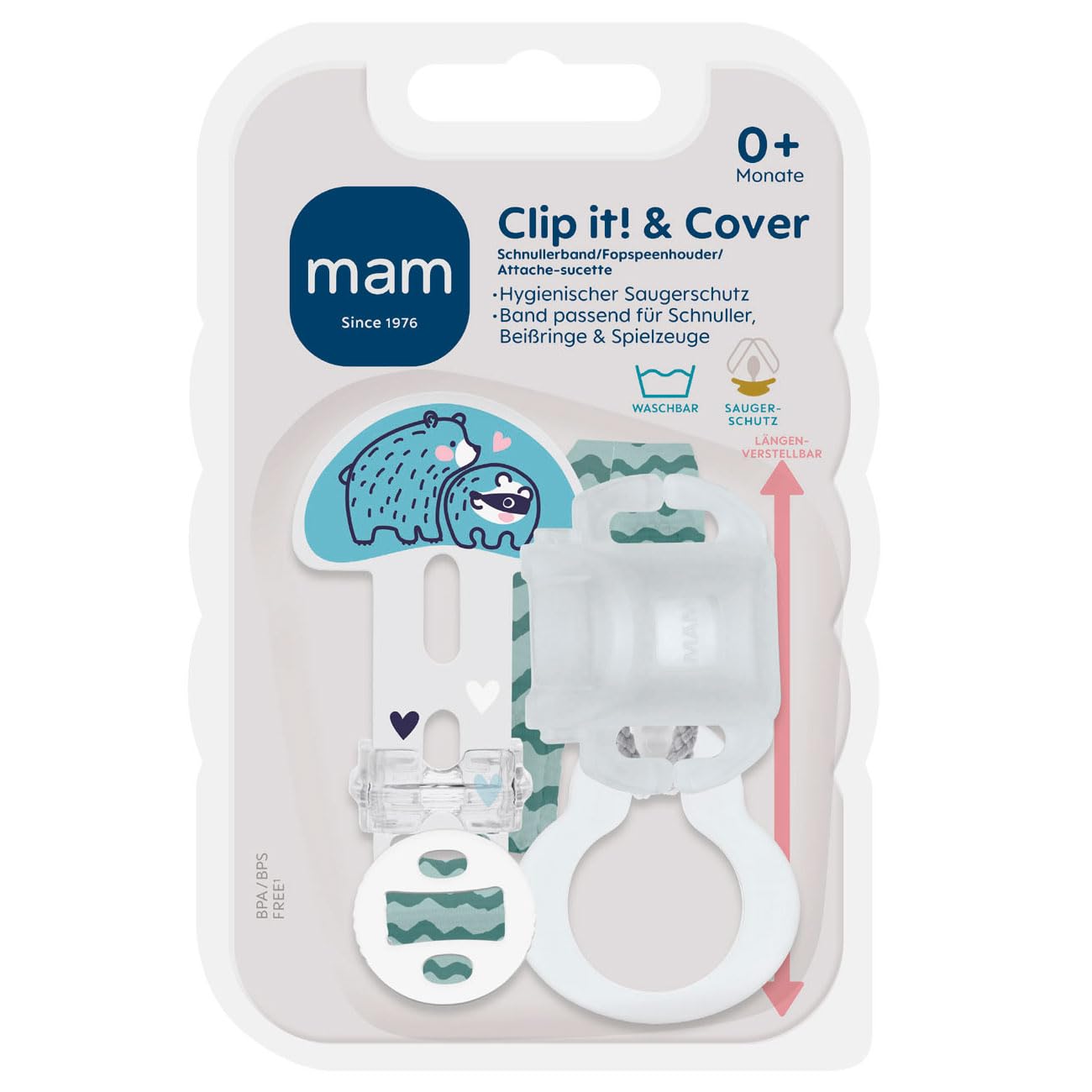 MAM Clip it ! Fashion & Cover - Catenella portaciuccio con tettarella // Set da 2 pezzi // lunghezza regolabile, lavabile