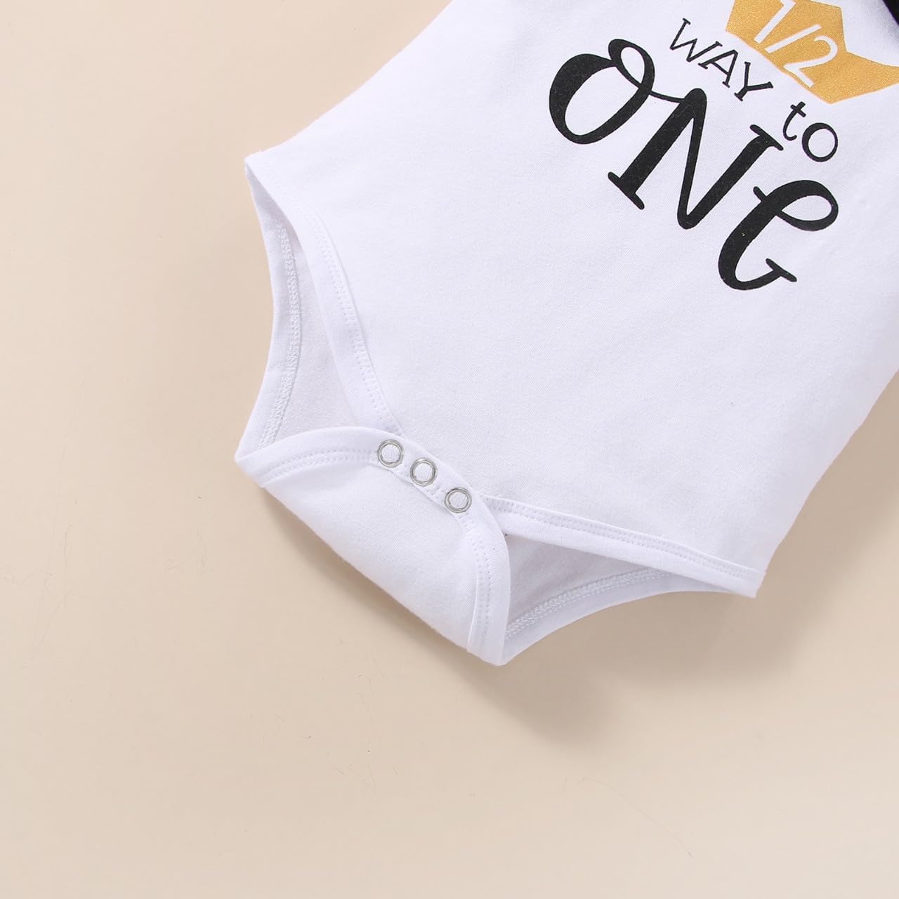 Baby Boy 1/2 First Birthday Outfit Half Way to One Bowtie Romper Suspenders Pants set Cake Smash Photo Shoot - Image 4