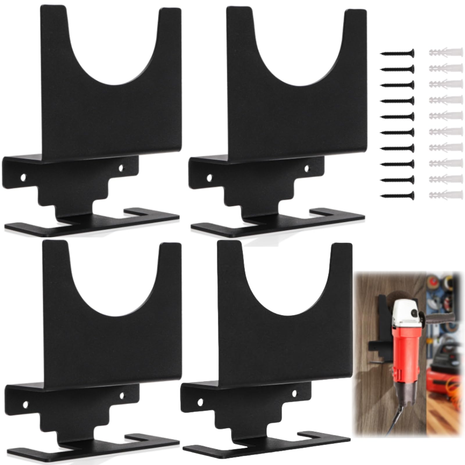 4 Pack Angle Grinder Holder, Wall Mount Bracket for 5 inch Grinder, Polisher Storage Rack Stand with Cord Hook, Garage Tool Hanger for Angle Grinders Impact Wrench Cutters Waxing Machines