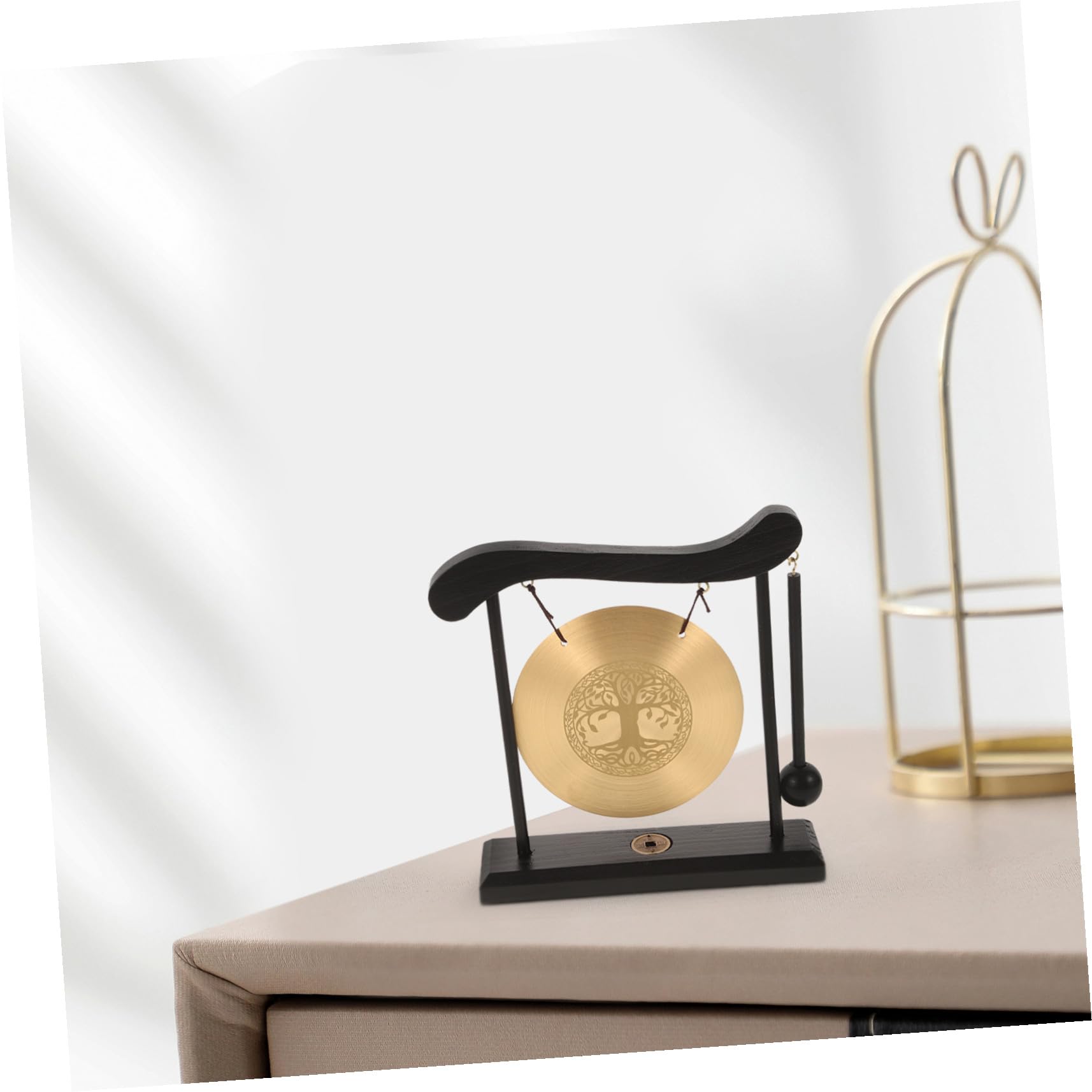 Gong de Aleación Decorativo de Cobre y Madera con Diseño de Árbol Vida para Decoración de Escritorio Interior con Buena Estabilidad y Estilo Creativo Delicado