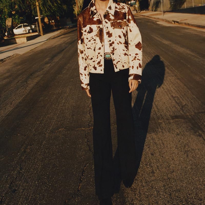 NIFTRIRY Cow Print Leather Trucker Jacket Women's Short Denim Style Fashion Jacket3