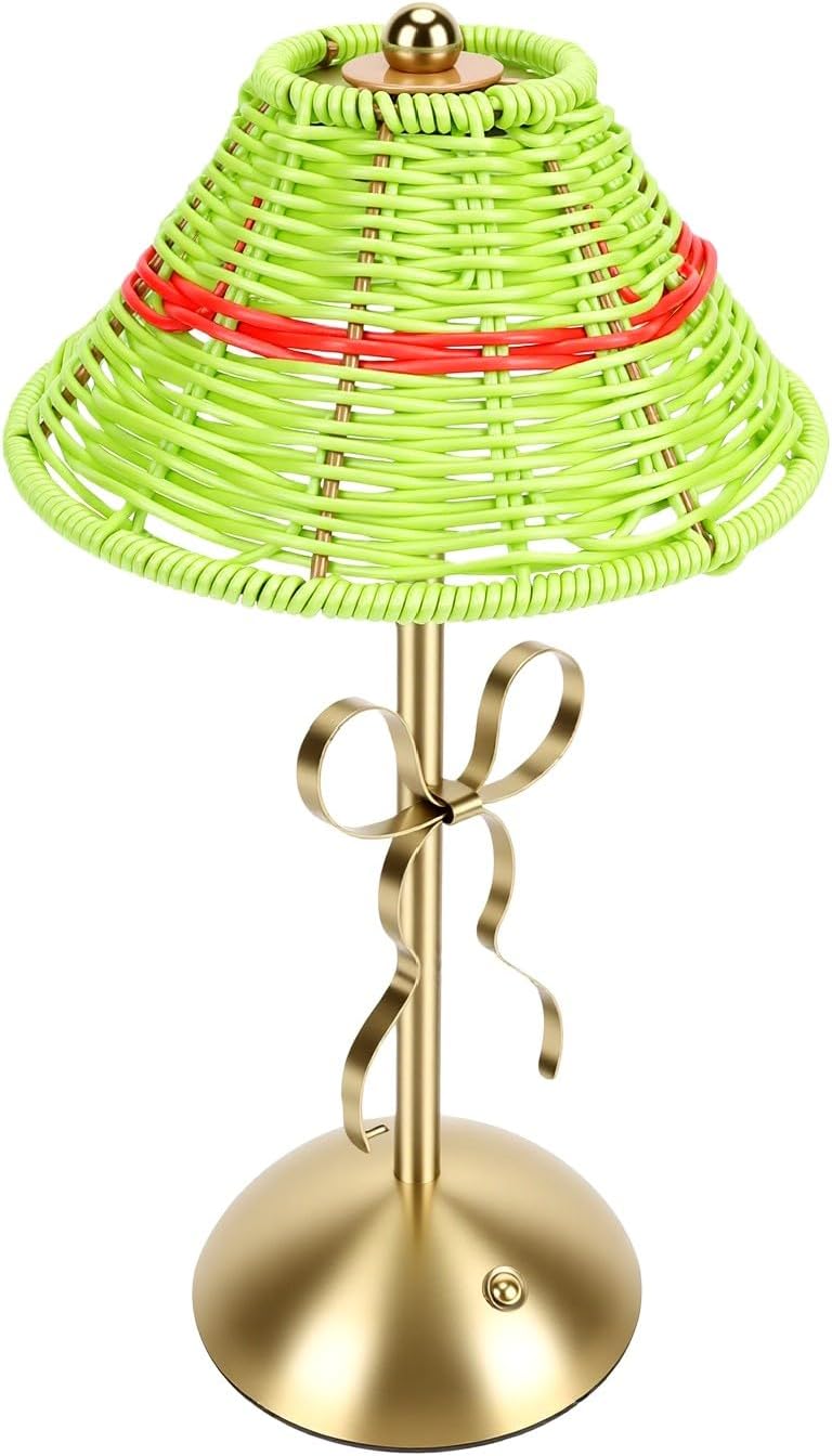 Cordless Rattan Desk Lamp USB Rechargeable | 3-Color Dimmable LED Portable Night Light for Bedroom, Camping, Bohemian Decor (Green)