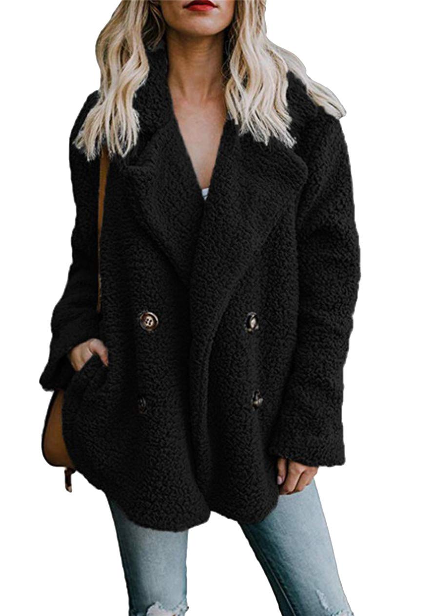 OMZINWomen's Casual Coat Faux Fur Lapel Long Sleeves Outwear Front Welt Pockets Double Breasted Coat S-5XL