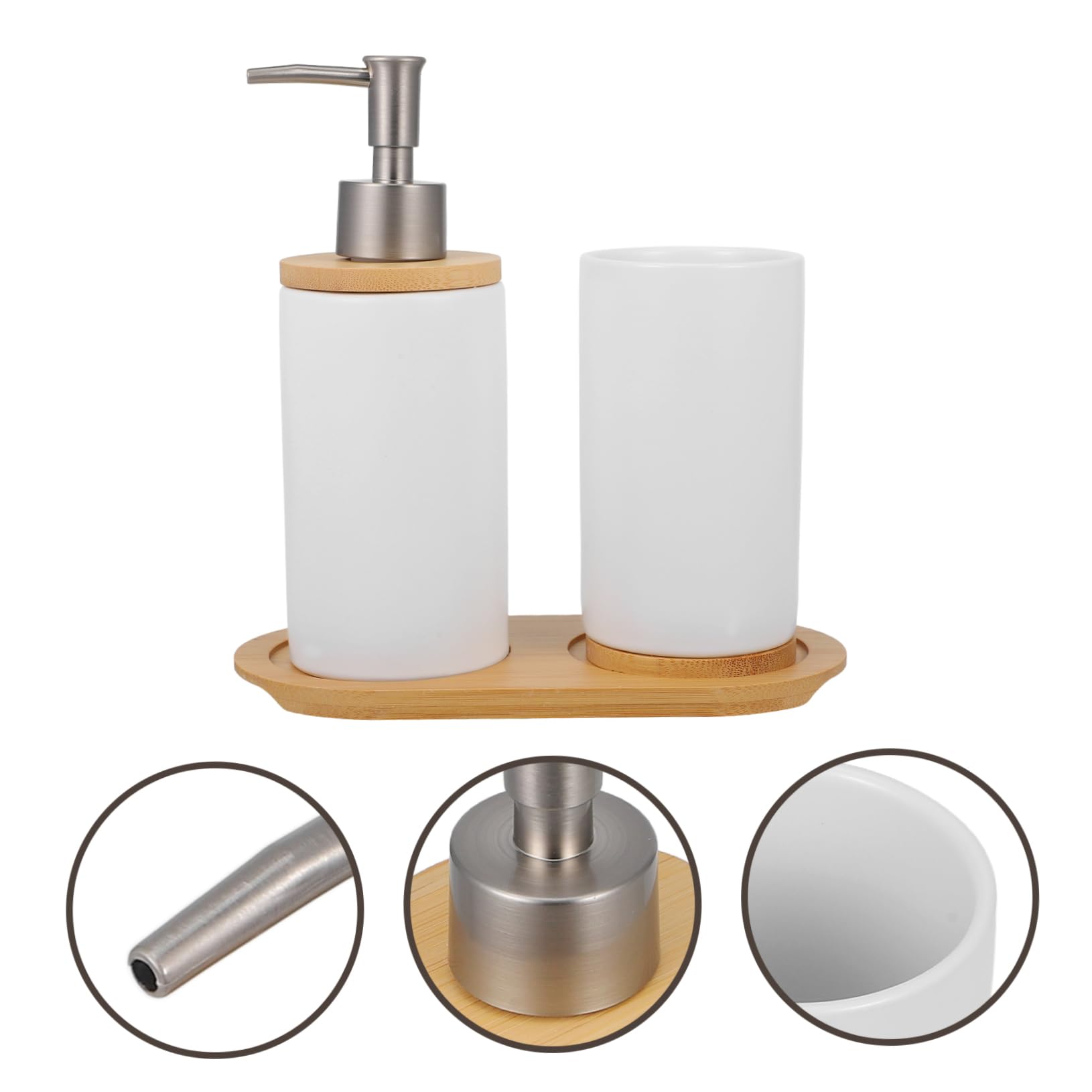 Accessori Bagno Ceramica Bianco con Dispenser Sapone Pompa Bicchiere Portaspazzolino e Bottiglia Lozione con Base Design Nordico Elegante e Superficie Liscia Facile da Pulire