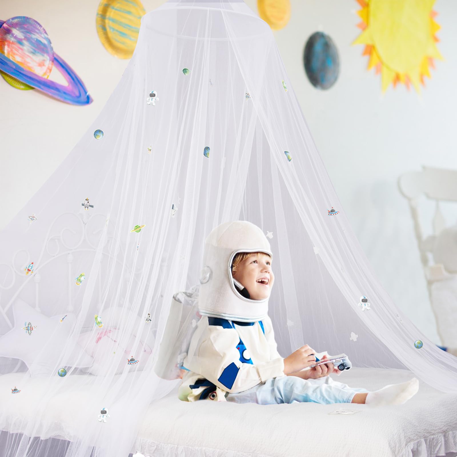 Bed Canopy with Glowing Space in The Dark, Bed Curtain for Baby Cot, Kids Bed & Toddler Bed, Single & Double Bed, Mosquito Net Canopy for Girls or Boys Room, Fire Retardant Fabric