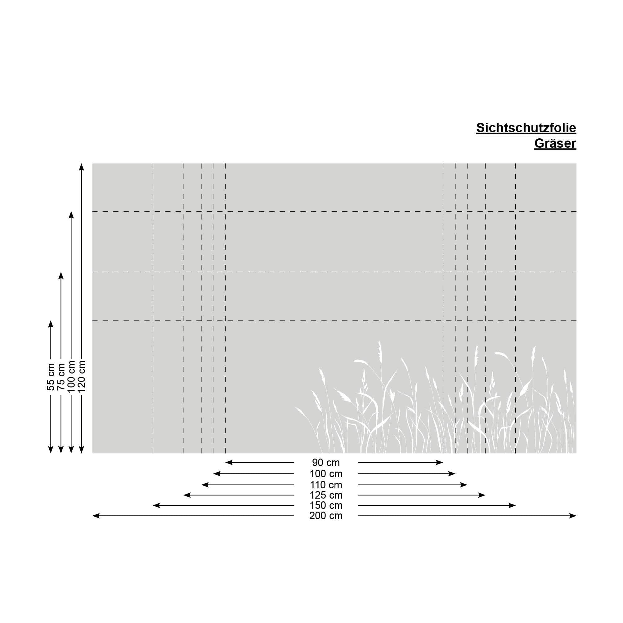 Sichtschutzfolie Gräser Fensterfolie Fensterdeko Milchglasfolie Sichtschutz, 55 cm hoch, 200 cm breit
