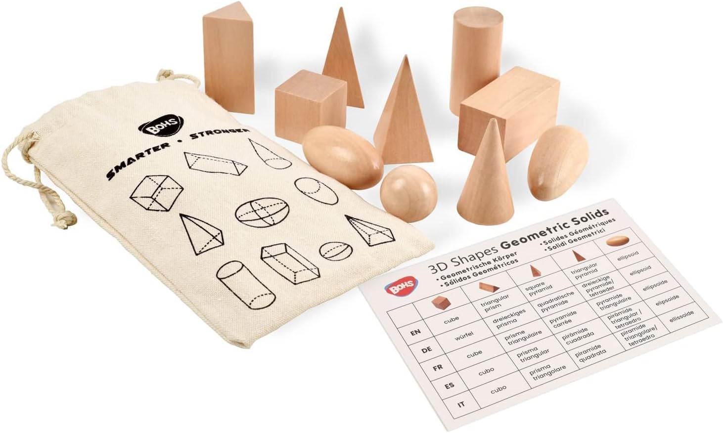 BOHS 3D Shapes Guess Game - Solid Figures Geometry Miniature Set in Mystery Bag - Wooden Montessori Toys - Pack of 10pcs - Ages 3 and Up…