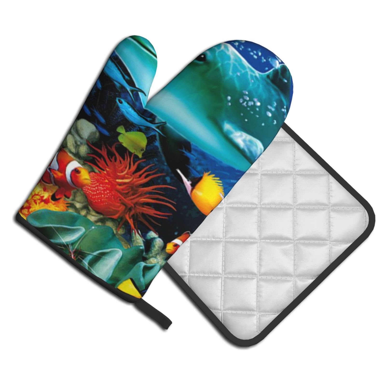 Oven Mitts and Pot Holders Set of 2 Pcs, Tropical Fish Dolphin Coral Undersea Printed Heat Resistant Kitchen Gloves Potholders for Cooking Baking Grilling