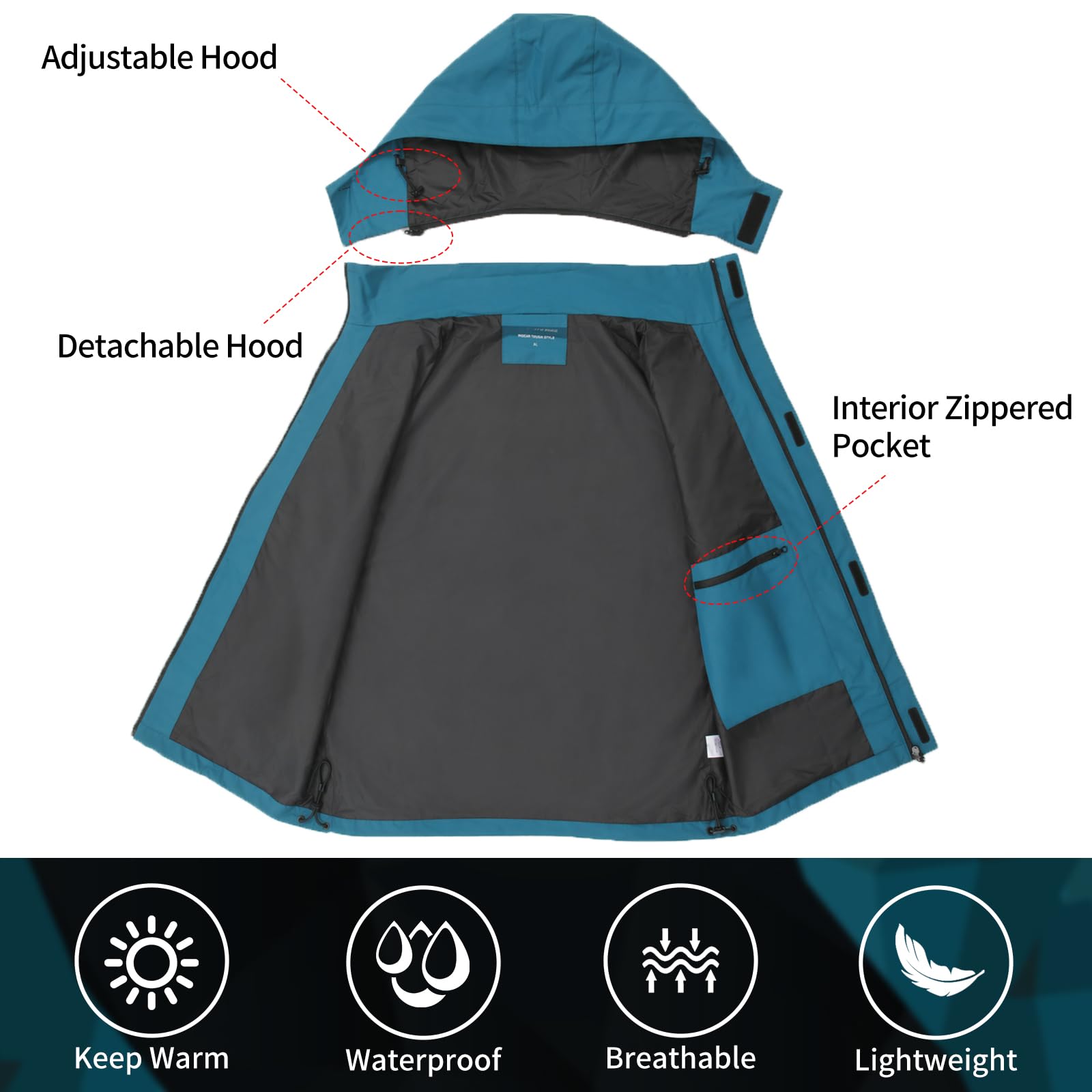 Impermeable Homme Imperméable Extérieur Portable Coupe Vent Homme avec Capuche Amovible Veste Imperméable Homme pour la randonnée et le camping
