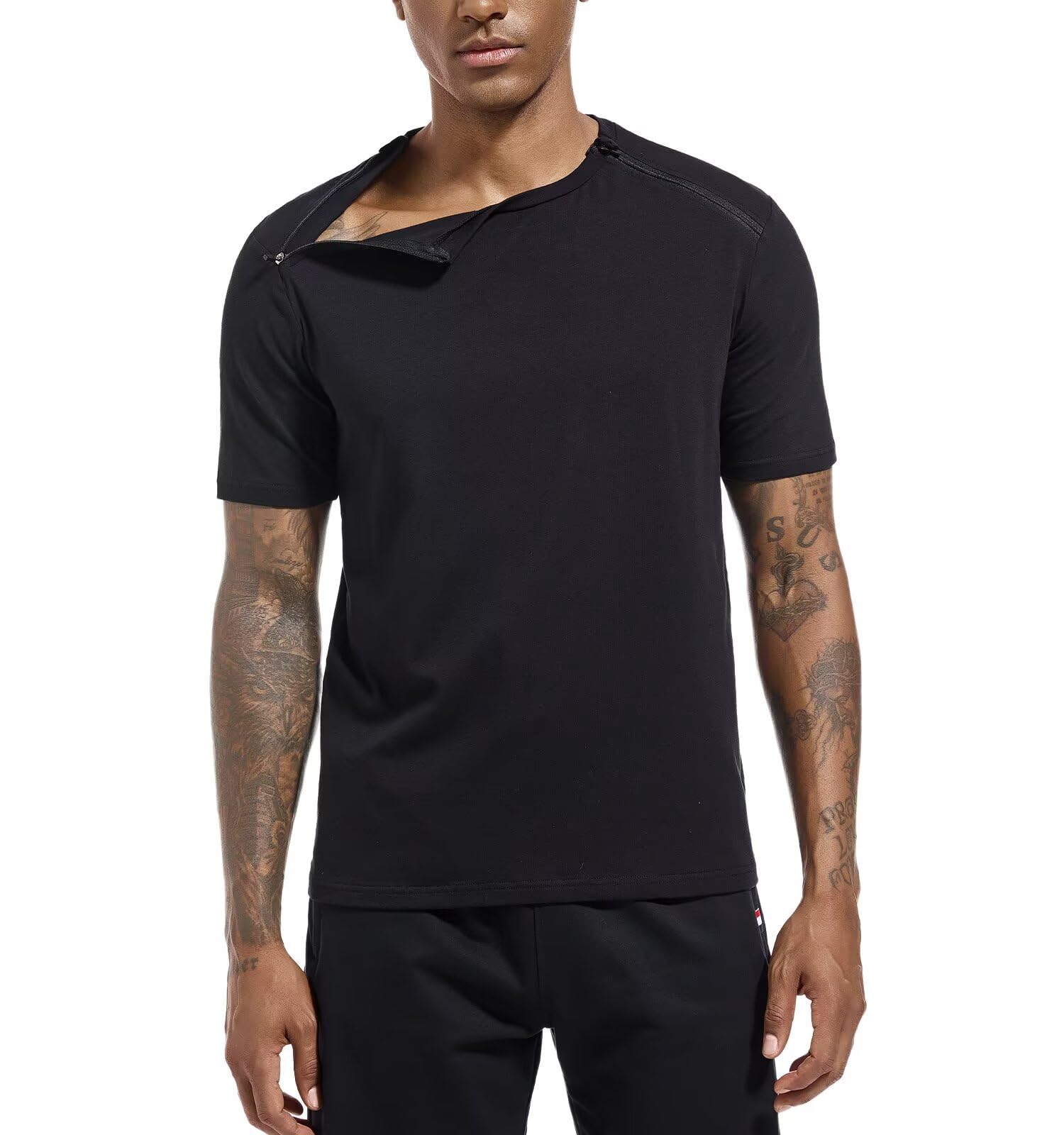 Landofgenie Camisetas Deportivas Unisex después de cirugía de Hombro para Hombre y Mujer, Camiseta Funcional con Cremalleras Laterales Izquierda y Derecha, Camisetas Activewear, Negro