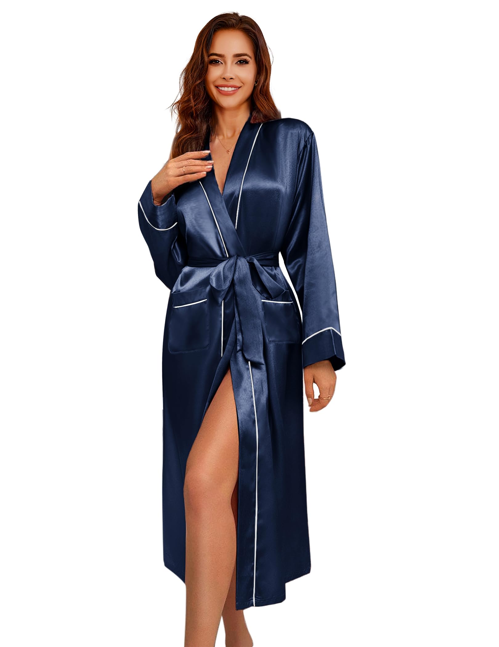 Ekouaer Satin Robes for Women Long Sleeve Silk Bathrobe Soft Lightweight Full Length Sleepwear Bridesmaid Wedding Party Robes