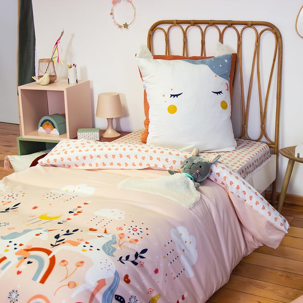 Parure De Lit Licorne Cœur Rose 140x200 Cm - Housse Couette Enfant Avec Poche Doudou Et Taie D'Oreiller
